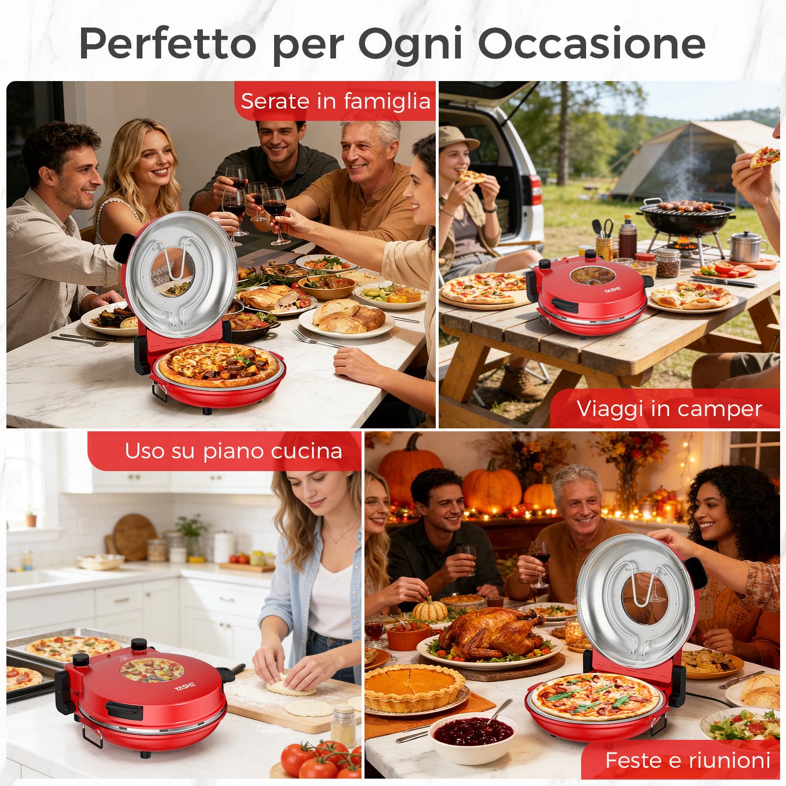 YASHE Forno Pizza Elettrico 400°C, 1200W, Pizza Pronta in 4–6 Minuti | Pietra Refrattaria 30 cm, Doppio Riscaldamento, Forno Per Pizza Da Interno , Timer, Finestra, Portatile