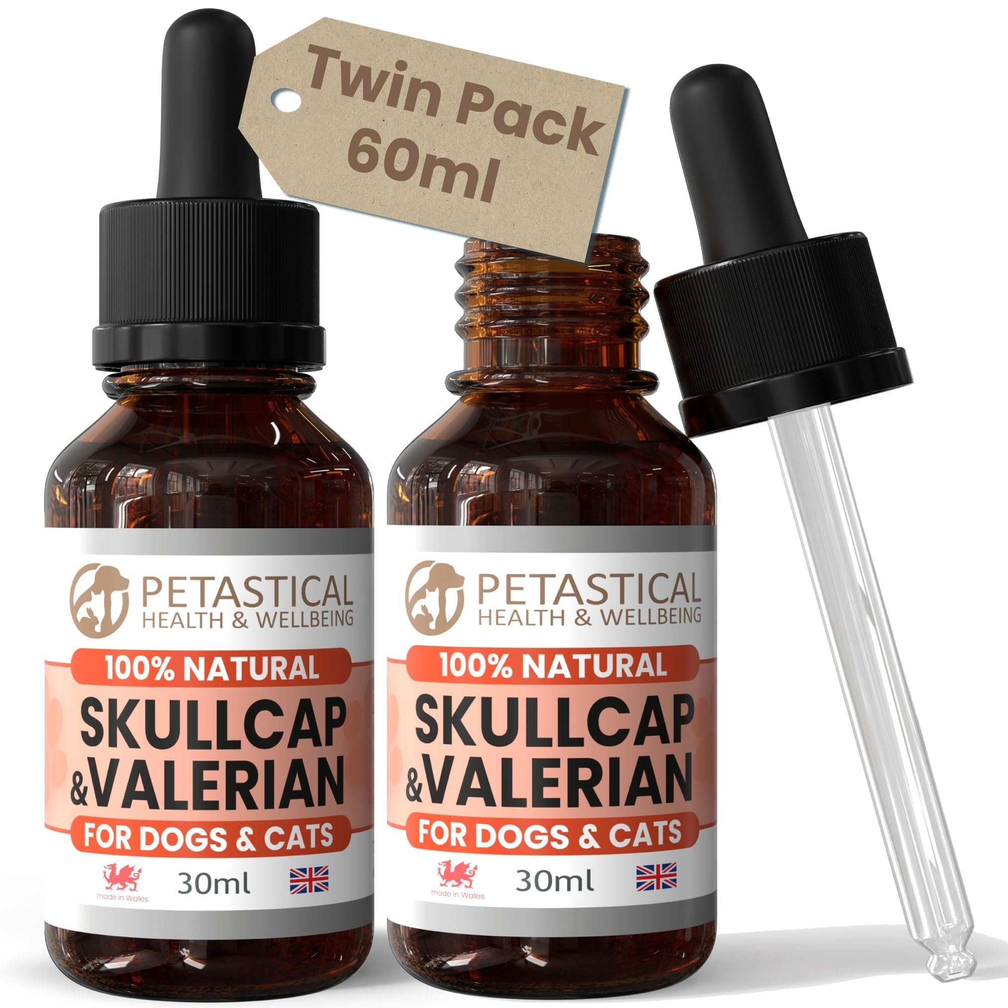 Petastical Skullcap Valerian, Cat Dog Calming, Anxiety Calming Drops, Home Alone, Barking, Loud Noises, Fireworks, Travel (60ml)