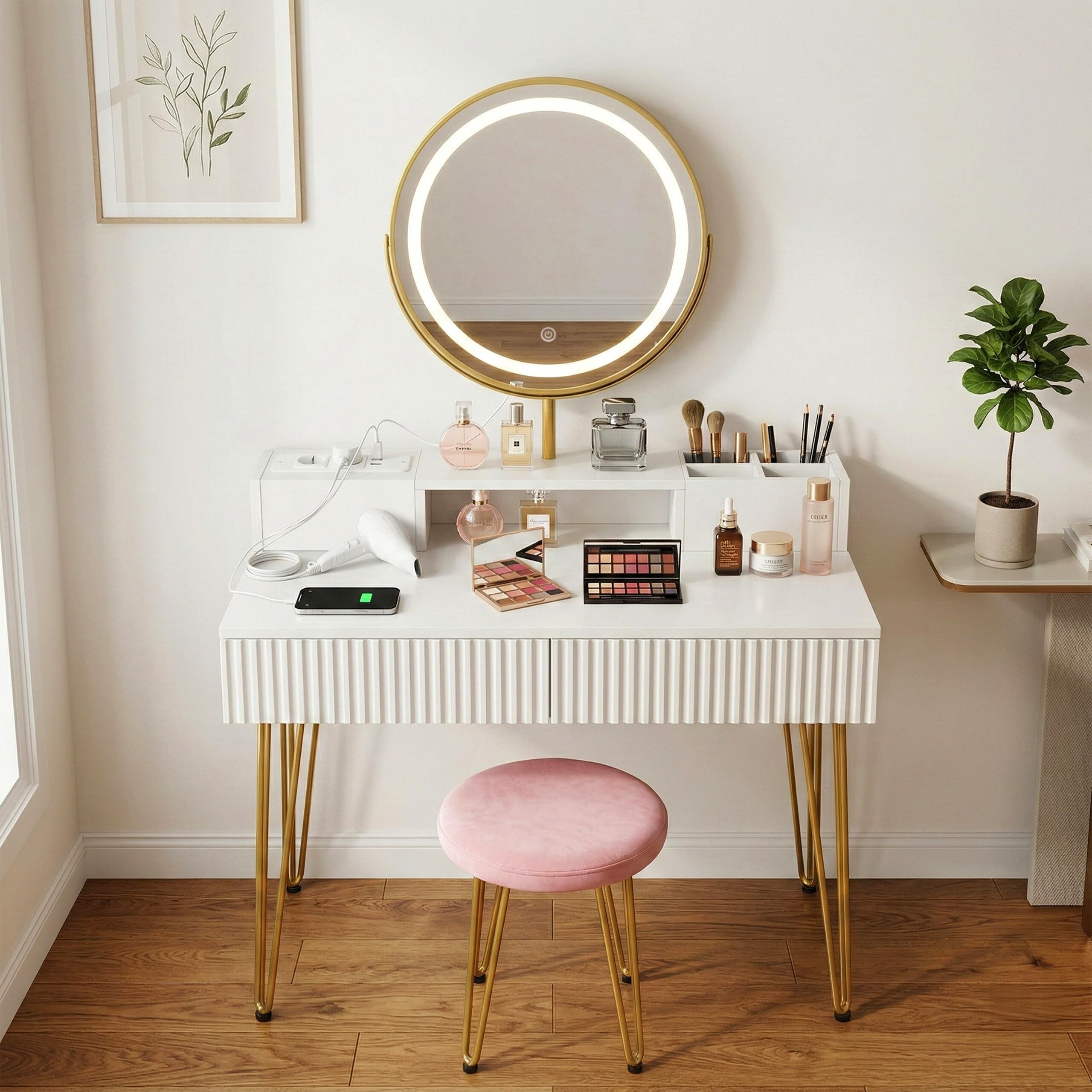 Relaxdays Tocador con Taburete, Espejo, luz, enchufes, 2 cajones, 135x80x40 cm, Blanco/Dorado