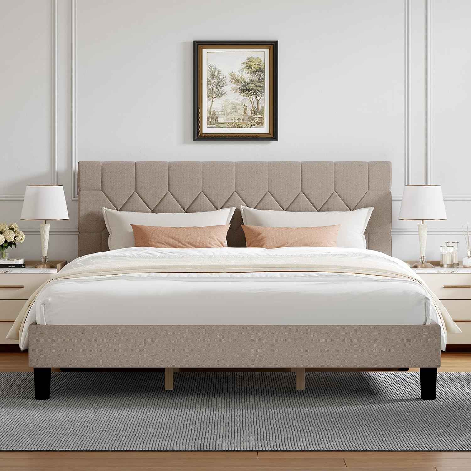 Novilla King Size Bed Frame, King Bed Frame and Headboard, Linen Upholstered Pull-Point Bed Frames, No Box Spring Needed, Heavy Duty Feet, Easy Assembly, Beige King (U.S. Standard) Modern Beige