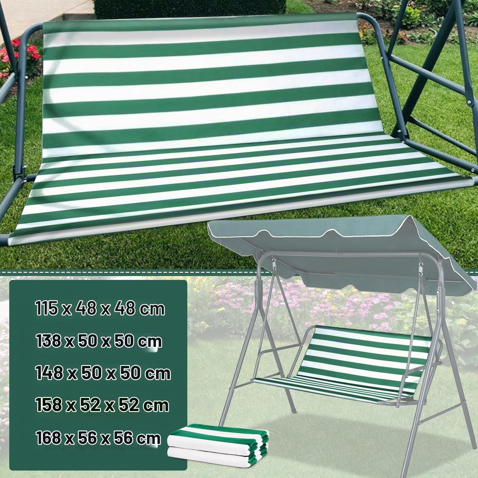 Coprisedile da Giardino per Dondolo, per Sedia a Dondolo da Giardino, Coprisedili per Altalena da Giardino, Copertura per Sedia, 2 e 3 Posti Strisce Orizzontali Verde 158 * 52 * 52cm