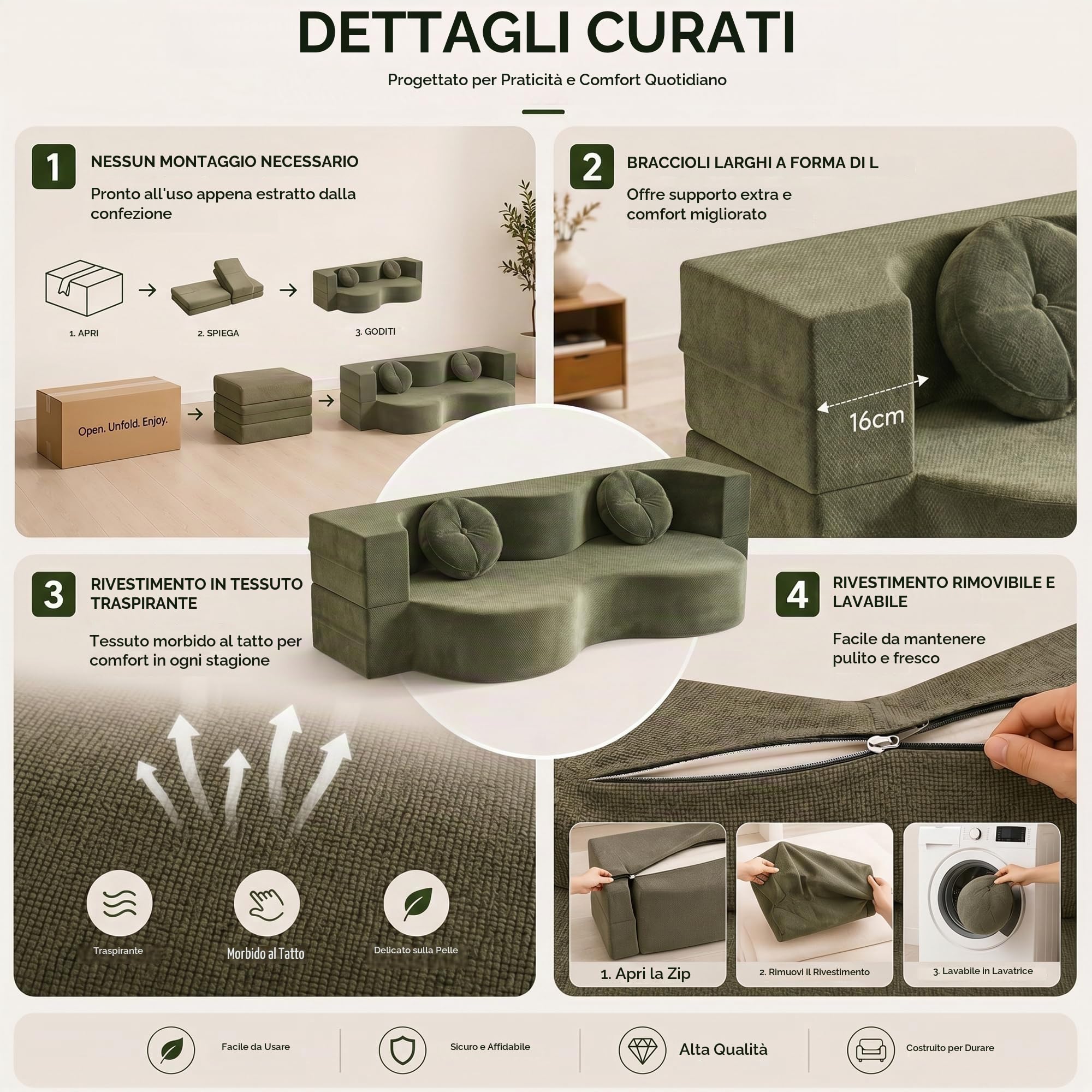 Divano Letto Pieghevole in Schiuma con Rivestimento Lavabile