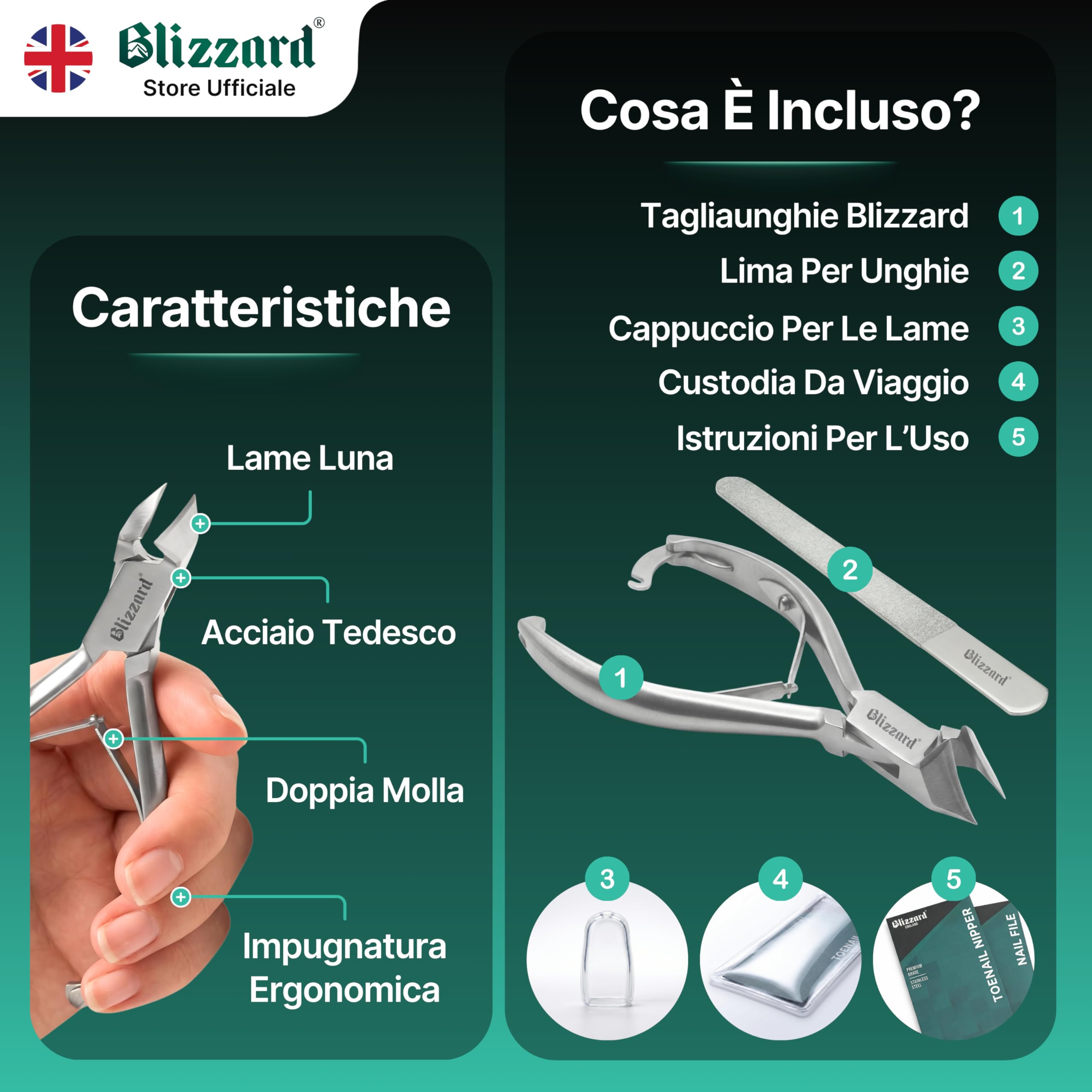 Blizzard Tronchesino Unghie Piedi Professionale per Unghie Spesse e Incarnite - Tagliaunghie Podologia in Acciaio Inox - Per Anziani e Uomo - Set Pedicure con Lima - 14 cm Taglio Obliquo Luna