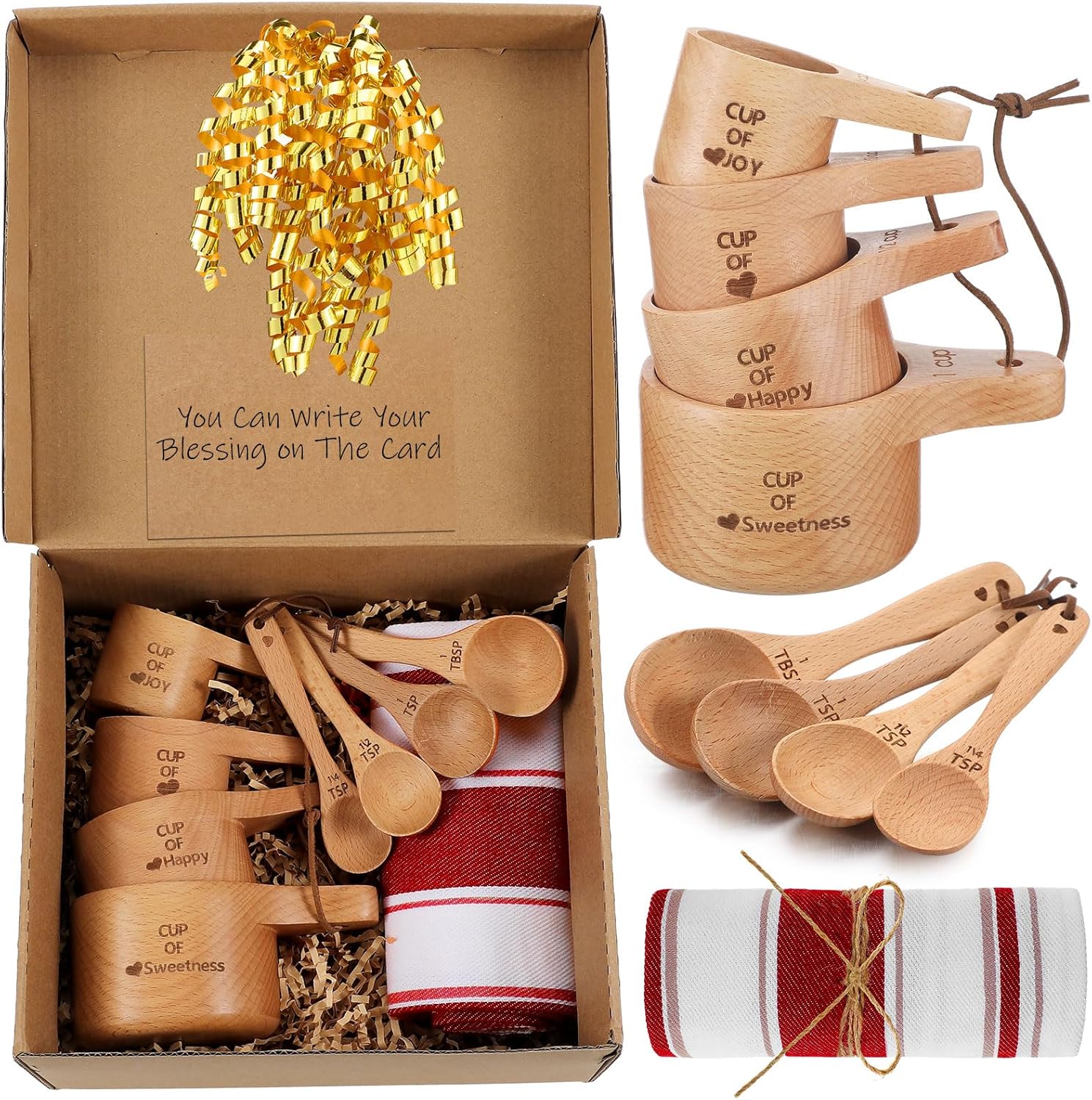 14 Pcs Christmas Wooden Baking Gift Set - Wooden Measuring Cups and Spoons, Baking Towel, Greeting Card, Self-adhesive Curly Bows for Women, Dry Measuring Ingredient Christmas Kitchen Gift