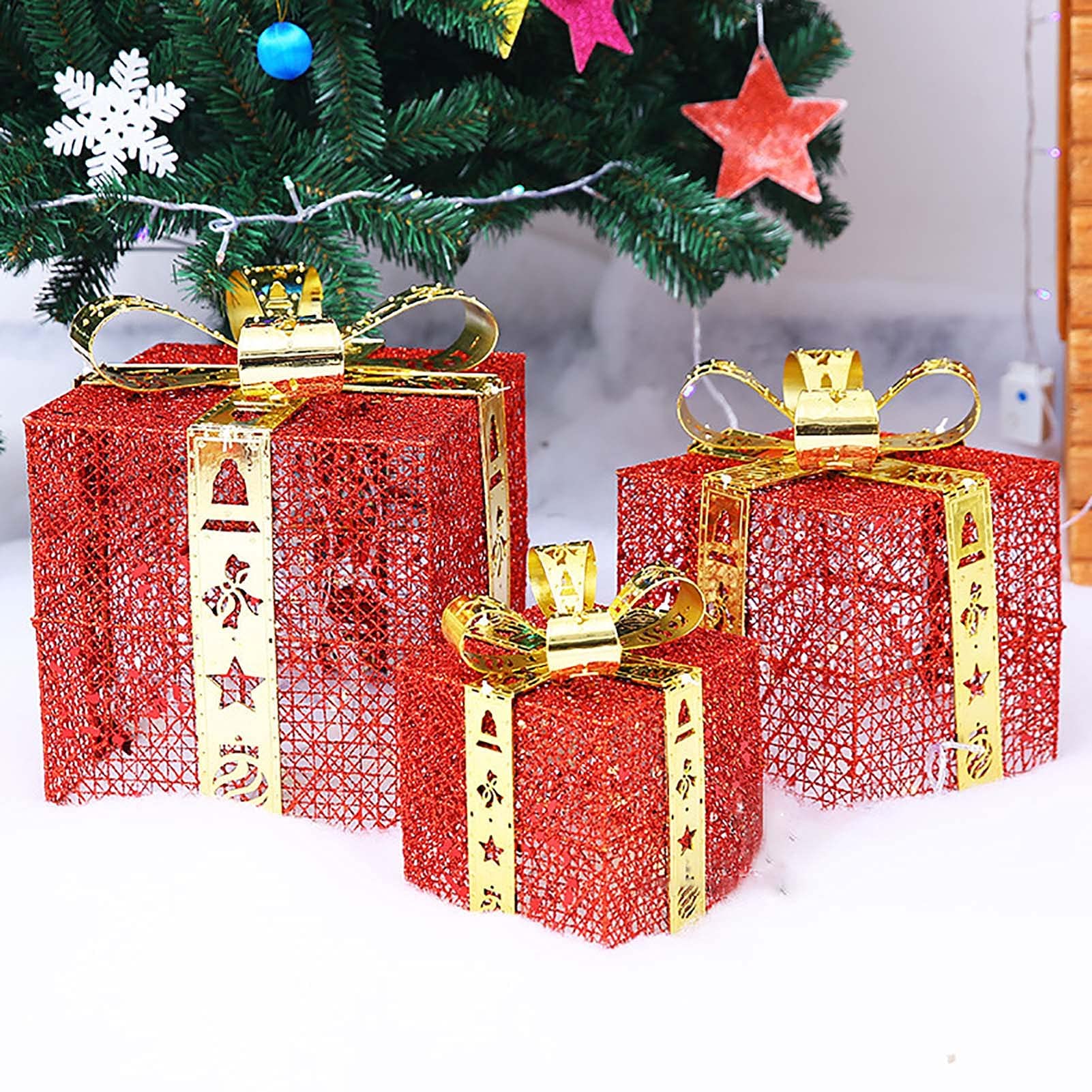 Cajas de regalo para Navidad, Juego de 3 cajas decorativas de cajas de regalo iluminadas navideñas, for decoración del hogar interior de vacaciones(Rosso)