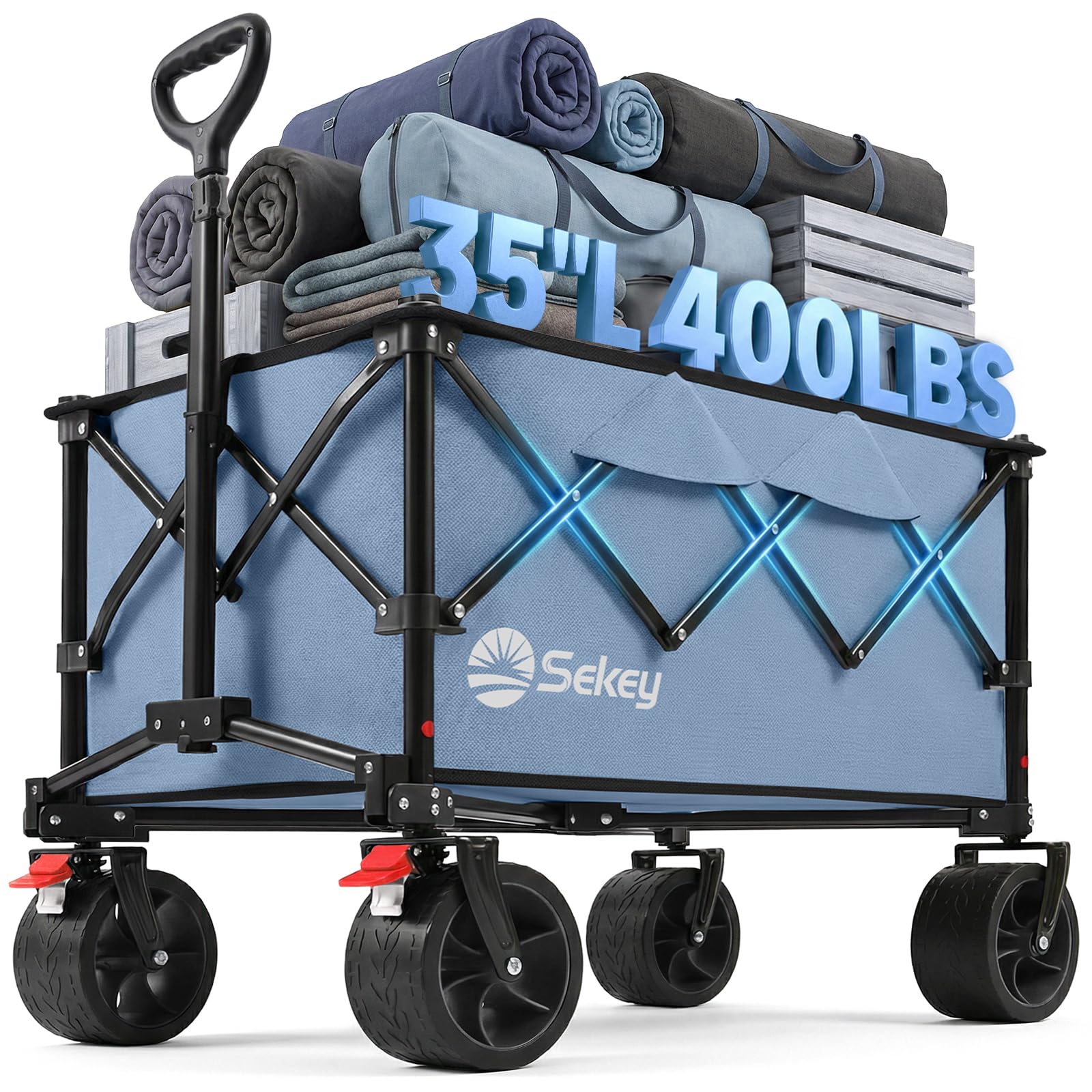 Sekey 250L 왜건 카트 접이식 대형 올 테리안 비치 휠, 접이식 튼튼한 왜건, 엑스트라 라지 접이식 왜건, 캠핑, 정원, 스포츠용 접이식 왜건. 블루