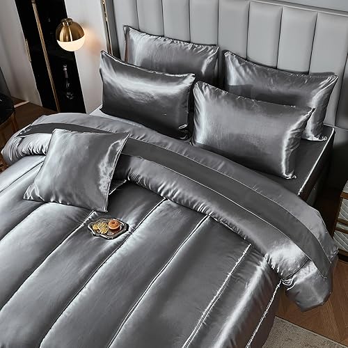 Miniatura 7 de Juego de edredón gris sedoso con juego de sábanas, juego de edredón de satén de 8 piezas, juego de edredón sedoso de lujo para hotel con 1 funda de