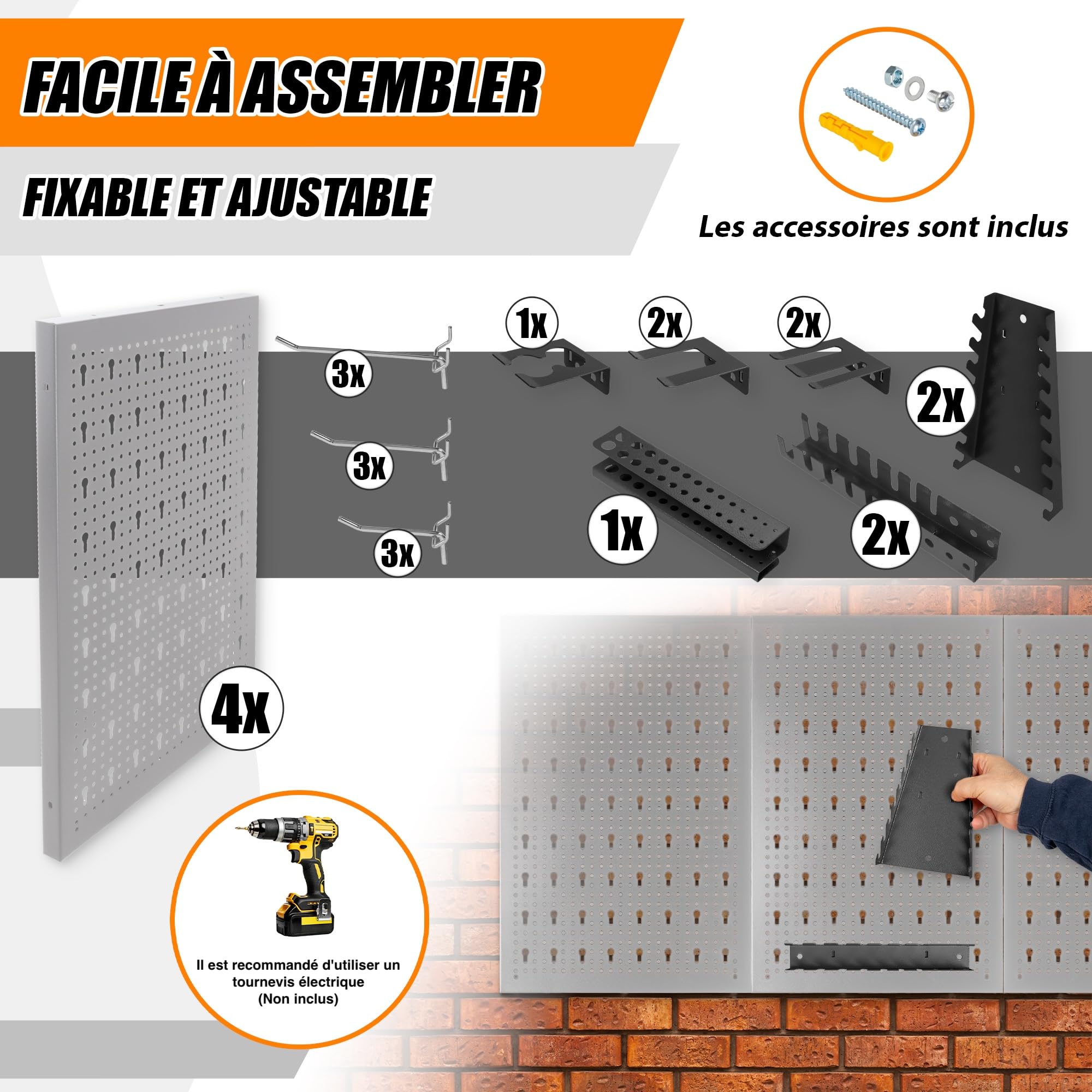 METALLMOBELL - Rangement Outils Mural 160x60x2cm, 4 Panneau Perforé Mural 40x60x2cm, Crochets et Supports, Etagere Rangement Garage pour Bricolage Outillage, Etagere Garage HPTH01G