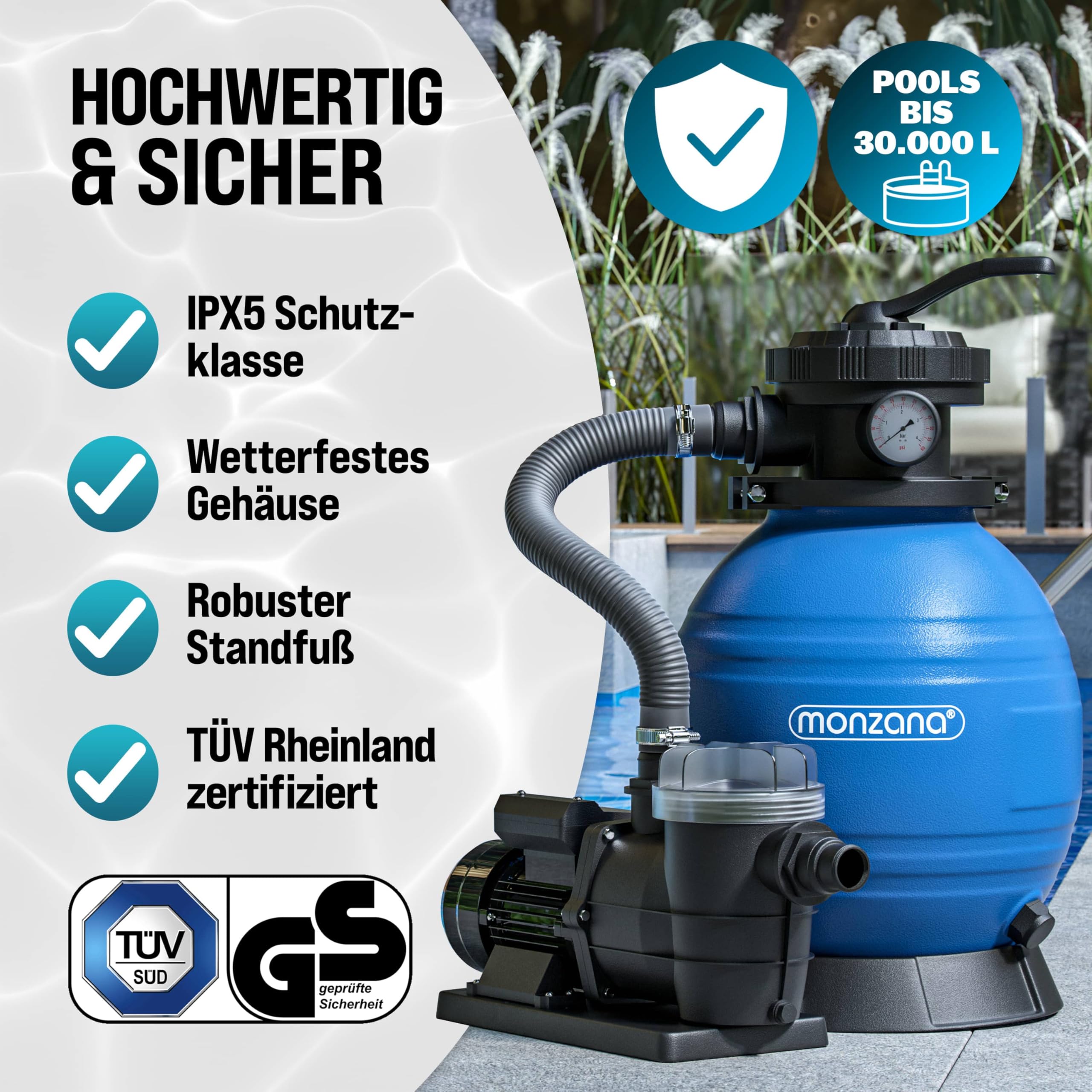 MONZANA® Sandfilteranlage SF96K 9600L/h bis 30.000L Pool Selbstansaugend 400 Watt 2in1 Adapter Ø32-38mm 7Wege Ventil Sandfilterpumpe Poolfilter