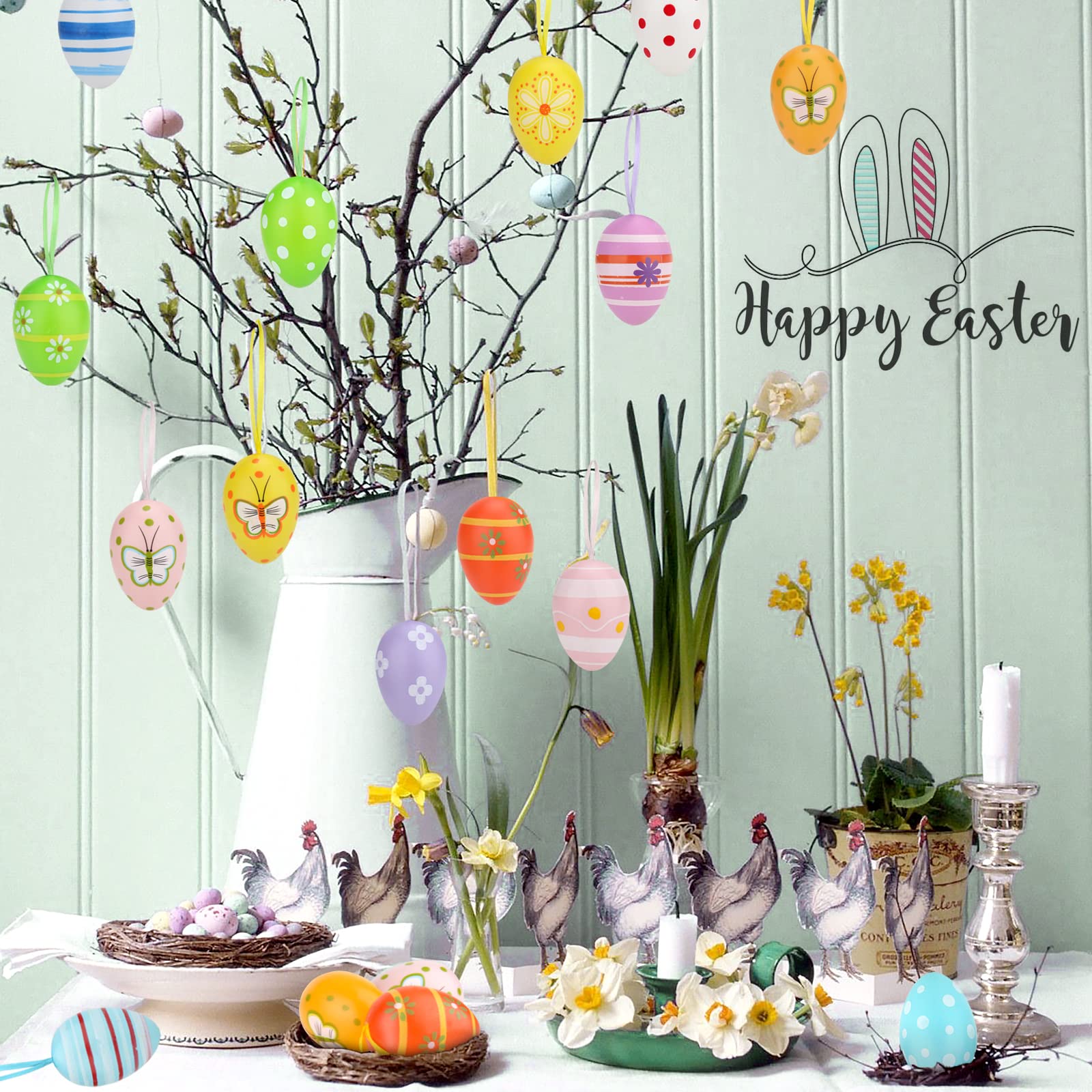 ZZOUFI Uova di Pasqua Decorative, 24pcs Ovetti Pasquali da Appendere, Uova Colorate per Albero di Pasqua Esterno, Decorazioni Uova di Pasqua Fuori Finte