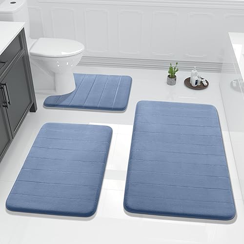 Miniatura 1 de Yimobra Juego de tapetes de baño de espuma viscoelástica, 3 piezas, 44.1 x 24 + 31.5 x 19.8 pulgadas y en forma de U para alfombras de baño, tapetes