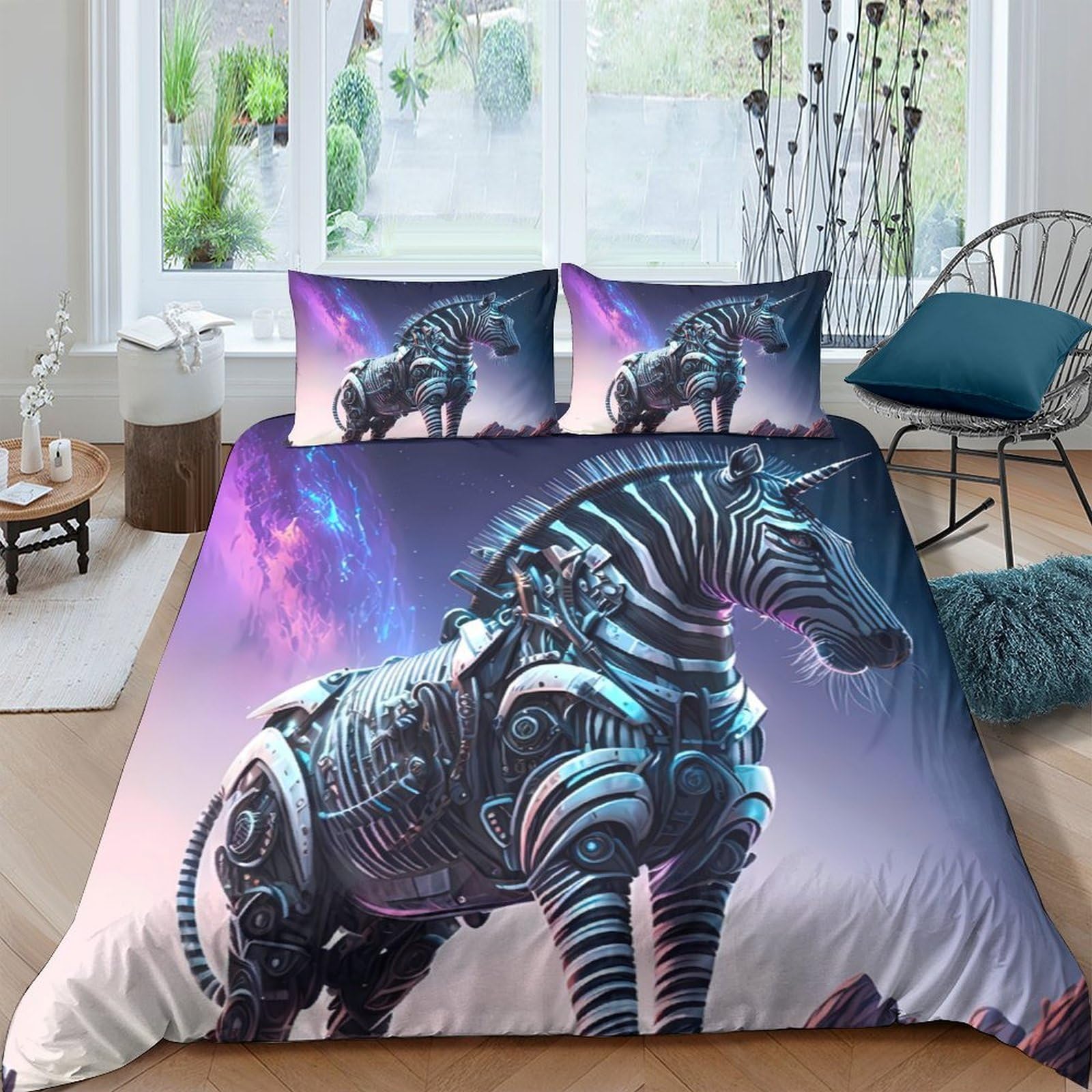 Ctjqhvkz Style-1 3D Printed Futuristic Mechanical Zebra Fitted Sheet Microfiber Purple Blue Bed Cover For Bedroom Dorm Decor Single（135X200cm）