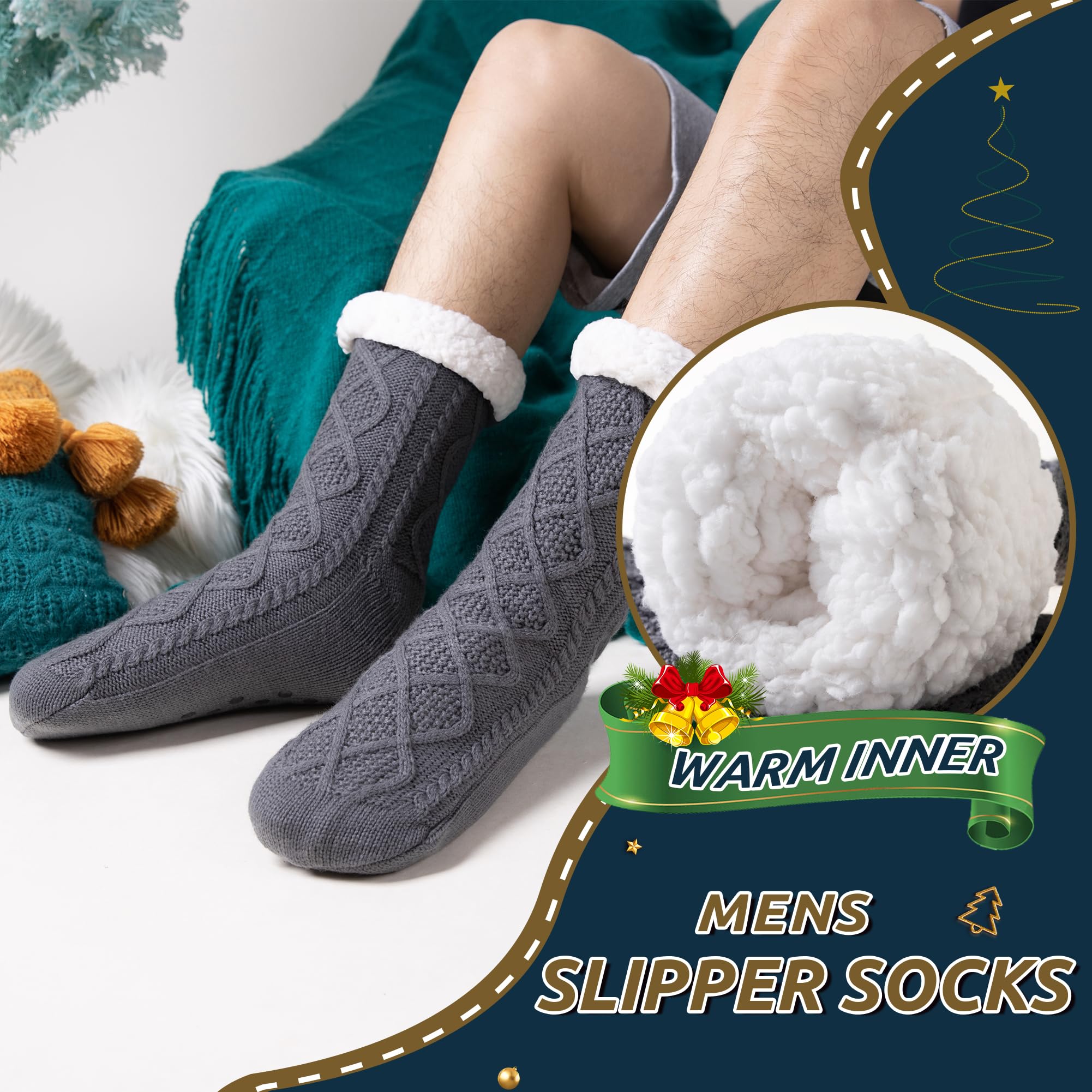 WEVIAS Men's Fleece Lined Cozy Extra Thick Slipper Socks Winter Non-Slip Fuzzy Home Sleeping Stockings, Dark Grey, One Size 2