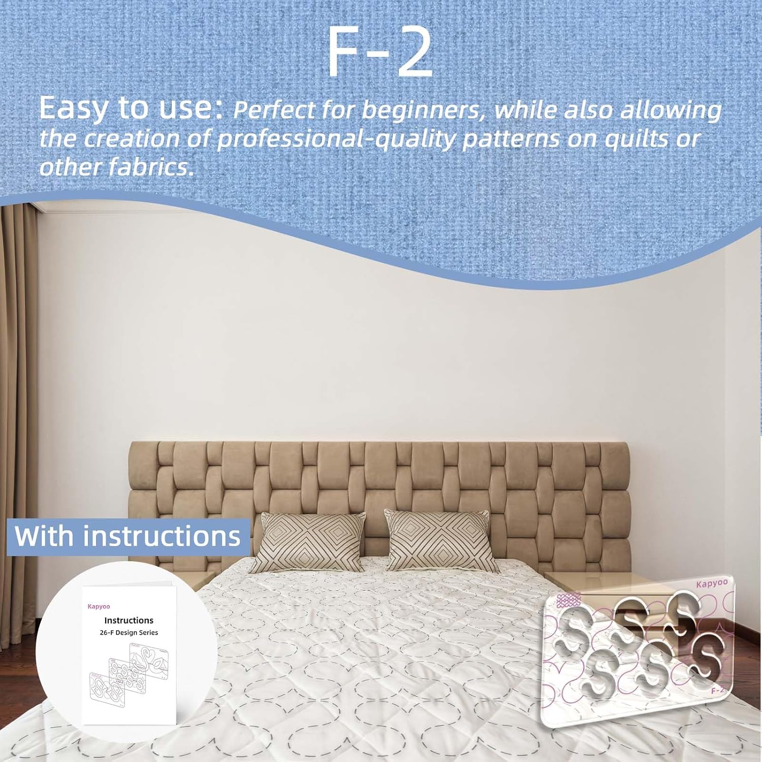 3Pcs Free Motion Quilting Templates with Instructions, Quilting Ruler and Templates for Industrial & Domestic Machines, Quilt Designs Stencils for DIY with 16Pcs Non-Slip Grip (Series F)