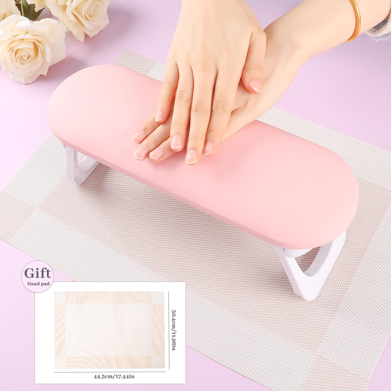Reposabrazos para uñas, profesional plegable de piel sintética con mantel de PVC para uñas acrílicas, almohada de mano suave antideslizante para uso en salón de manicura (rosa superior)