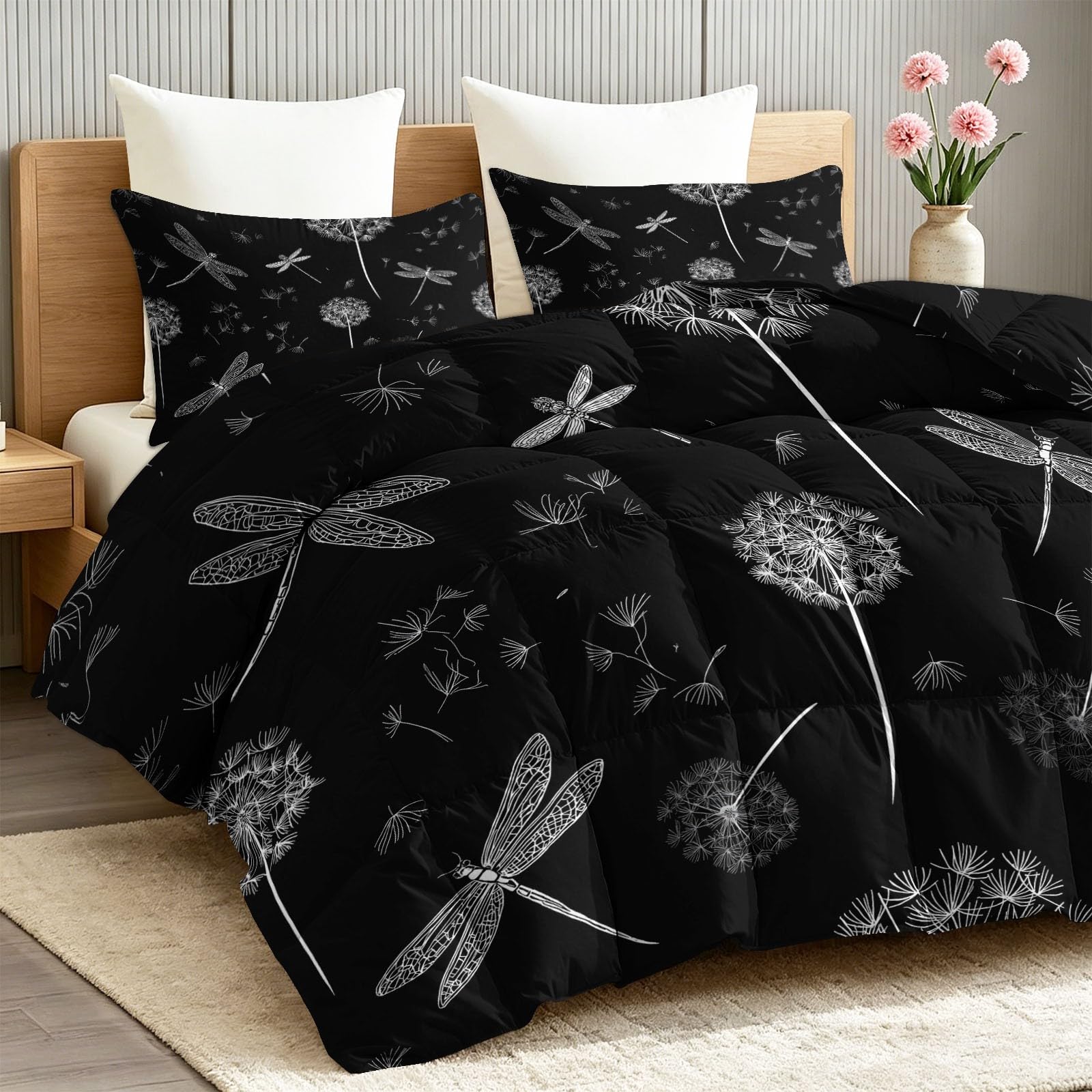 Minimalistisch Fantasy Botanisch Löwenzahn Bettdecke ohne Bezug 200 x 200 cm - Gewaschene Baumwolle Ganzjahresdecke mit 2 Kissenbezügen, Weiche Waschbare Steppdecke, Grau 3-teilig