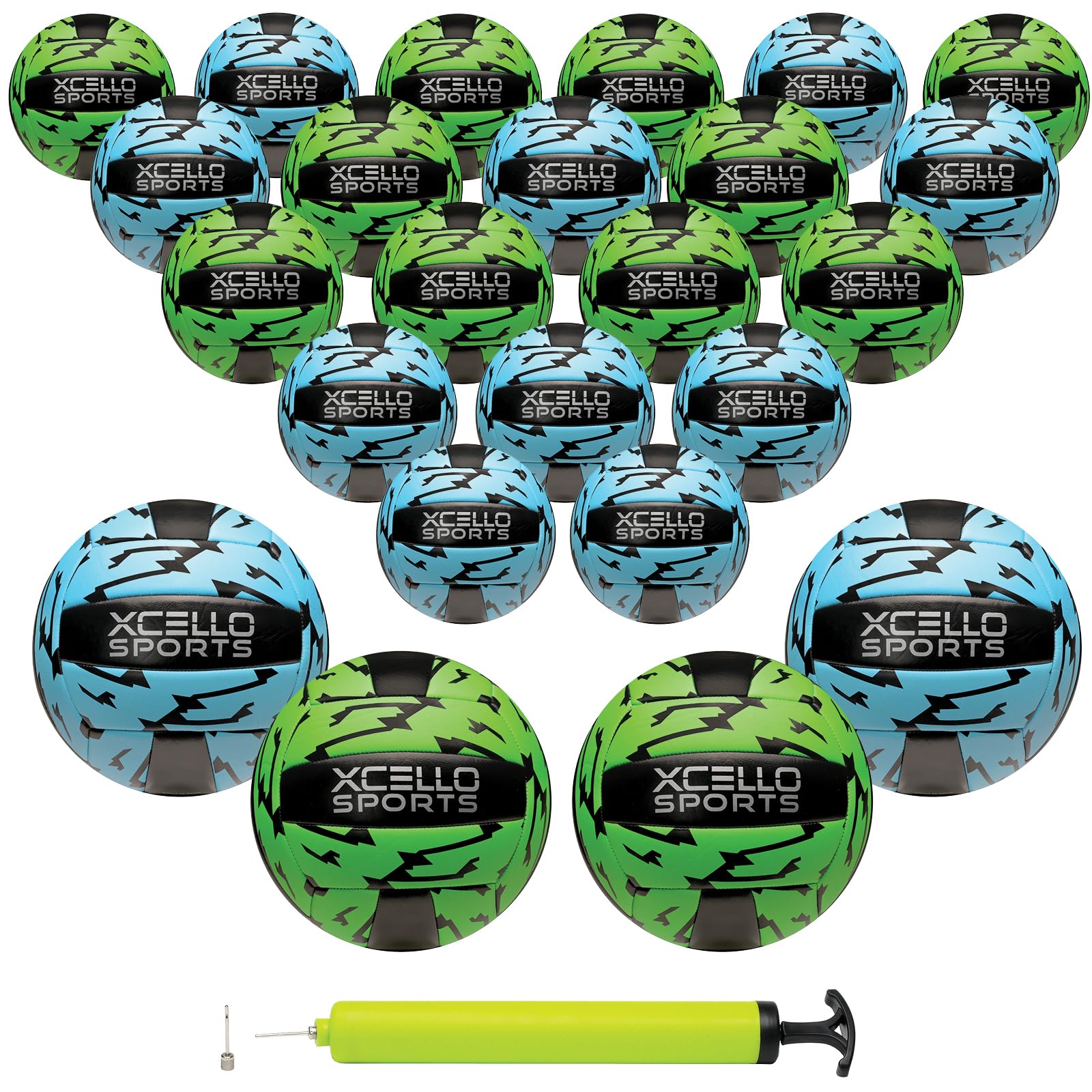 Xcello Sports Volleyball Multi-Pack Assorted Colors with Pump (Green/Blue Lightning)