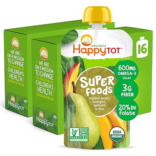 Miniatura 1 de Happy Tot Etapa orgánica 4 Super Foods Peras Mangos y espinacas  Super Chia 422 onzas Bolsa Paquete de 16 Embalaje puede variar Sin GMO Gluten
