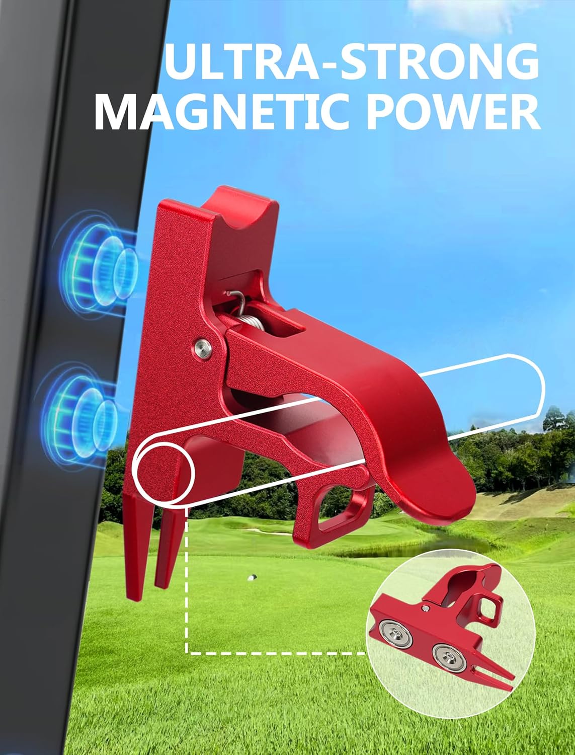 Magnetic Golf Cart Holder with Fork Design, Aluminum Alloy Magnetic Holder with Dual-Gate Carabiner, Easily Hold 30-80 Rings, Golf Cart Accessories, Ideal Golf Gifts for Men