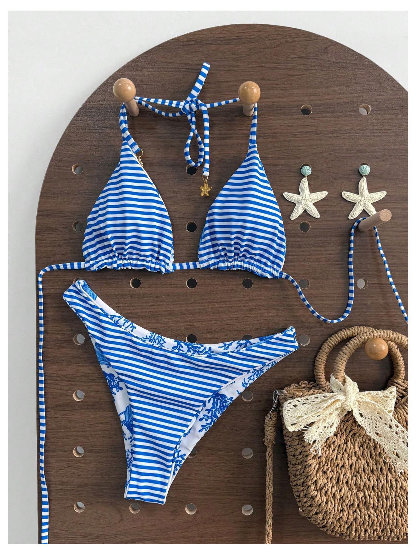 Damski Dwuczęściowy Zestaw Bikini W Paski Kwiaty Wiązany Na Szyi Stringi Strój Kąpielowy Wysoko Wycięty Kostium Różowy I Fioletowy Średni
