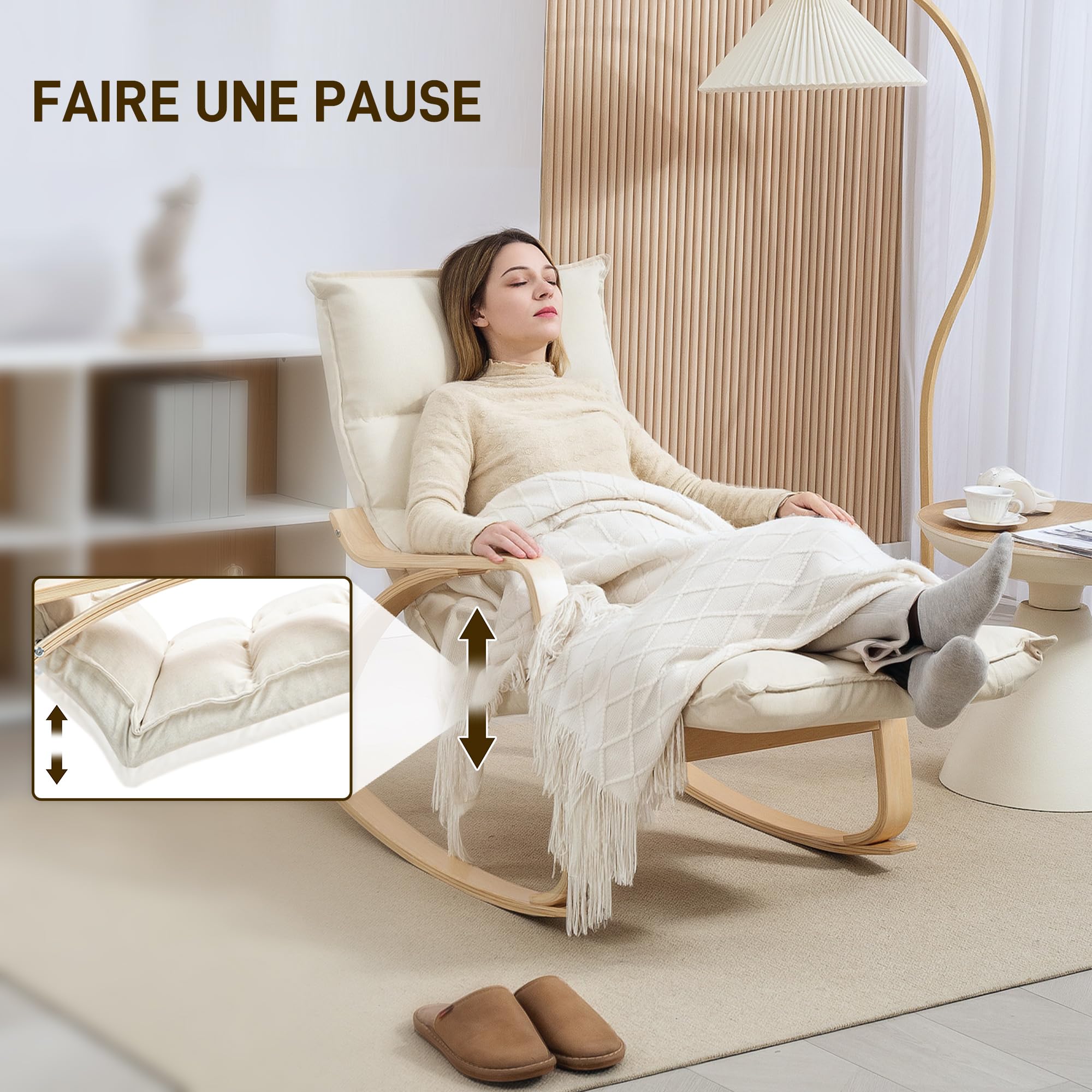 HOMCOM Fauteuil à Bascule avec Repose-Pieds Ajustable, Fauteuil Allaitement capitonné, Rocking Chair en Tissu Lin avec Pieds en Bois de Bouleau, pour Chambre, Salon, 67 x 106-123 x 92 cm, crème