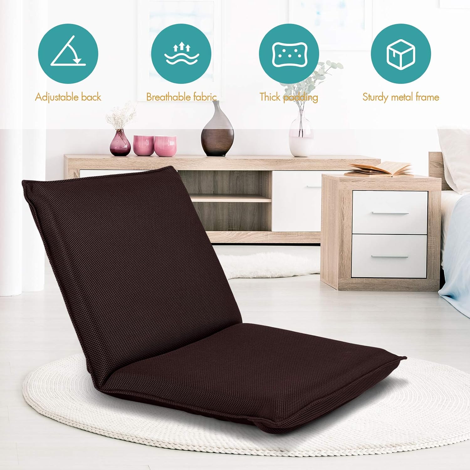 GOFLAME Adjustable Floor Chair, 6-Position Folding Padded Gaming Sofa Chair, Cushioned Back Support, Lazy Sofa for Reading Meditation Games (Coffee)