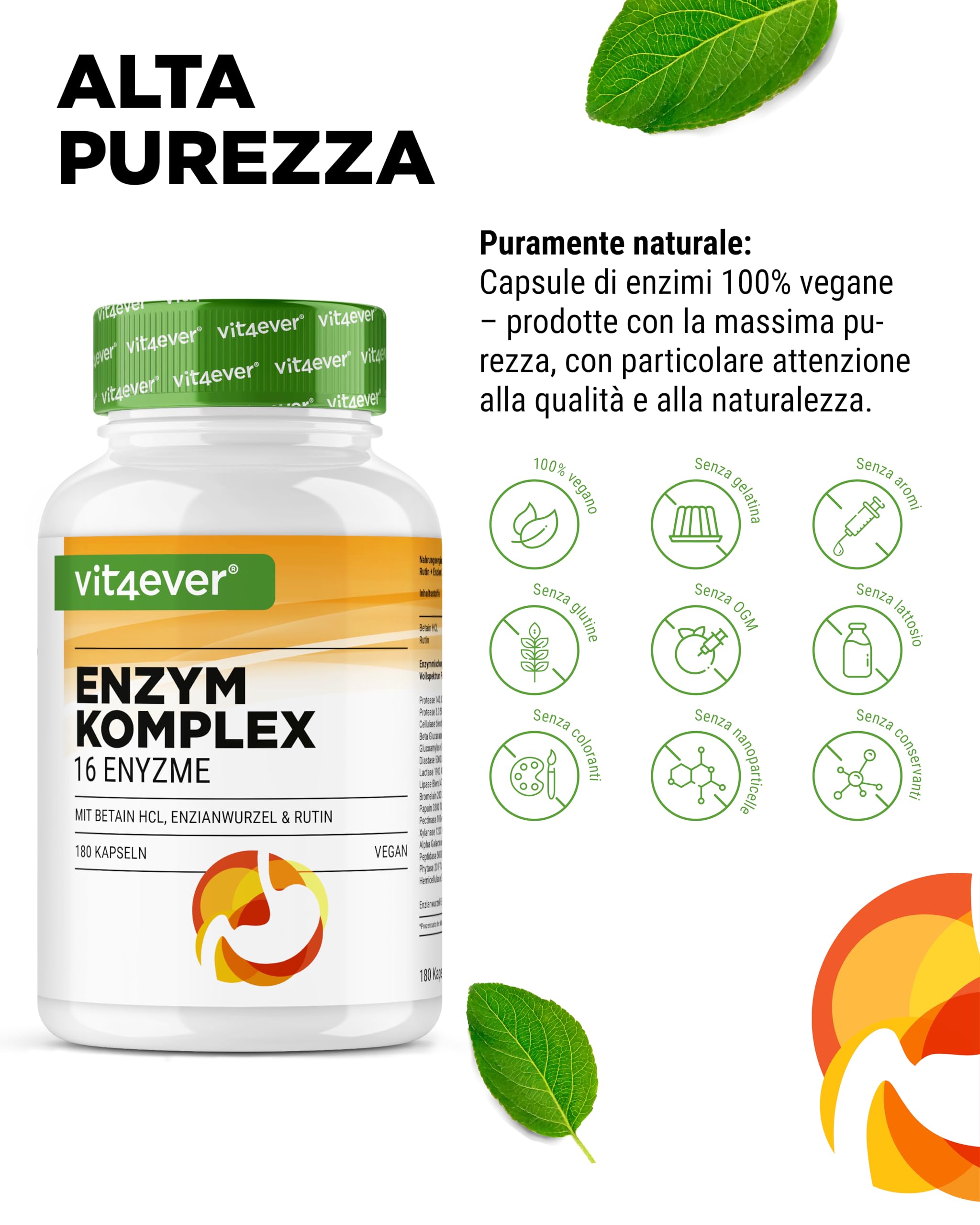 Enzimi Digestivi - 180 Capsule con 16 Enzimi più Betaina HCL, Rutina e radice di Genziana - Con Bromelina, Papaina, Amilasi, Lipasi, Proteasi, Lattasi - Vegano - Altamente Dosato