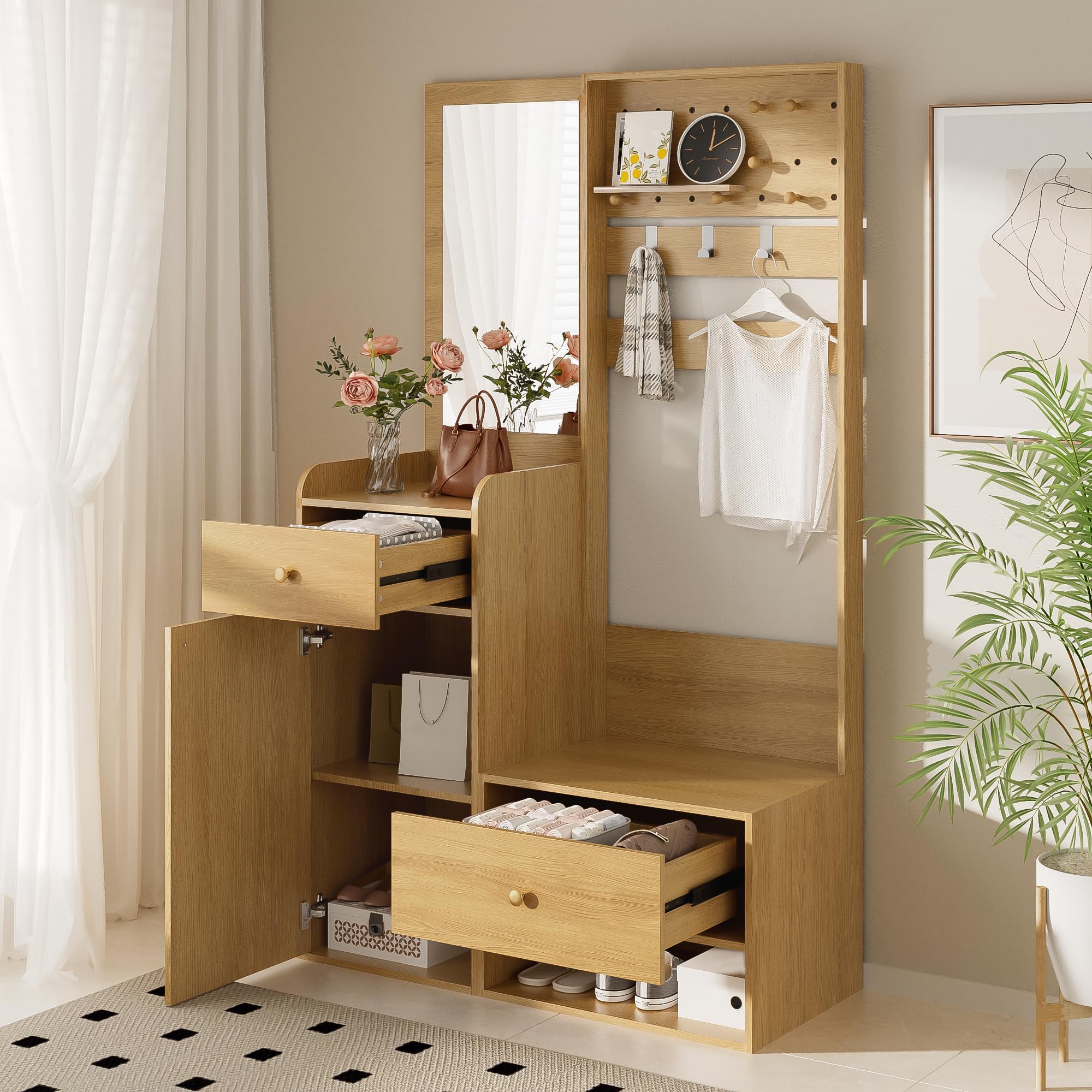 Perchero compacto con espejo, moderno estante de entrada para pasillo con ganchos ajustables y estantes, para zapatos, abrigos y objetos pequeños, blanco, 105 x 38 x 180 cm (color madera)