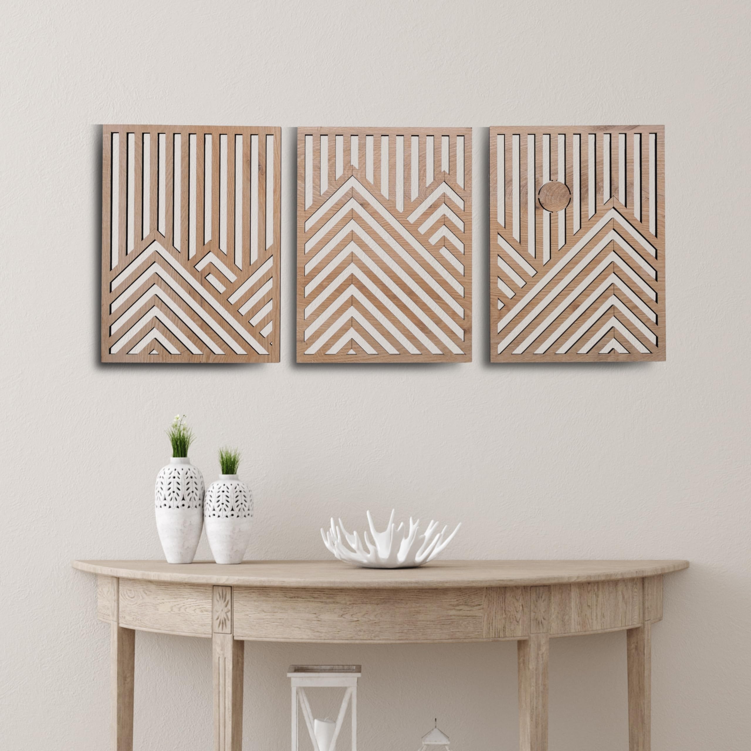 Modern Mountain and Sun Wall Sculptures - Set of 3 - MDF - Oak - Home Decor Accent - Large Wall Art for Living Room, Bedroom, Office - Easy Installation