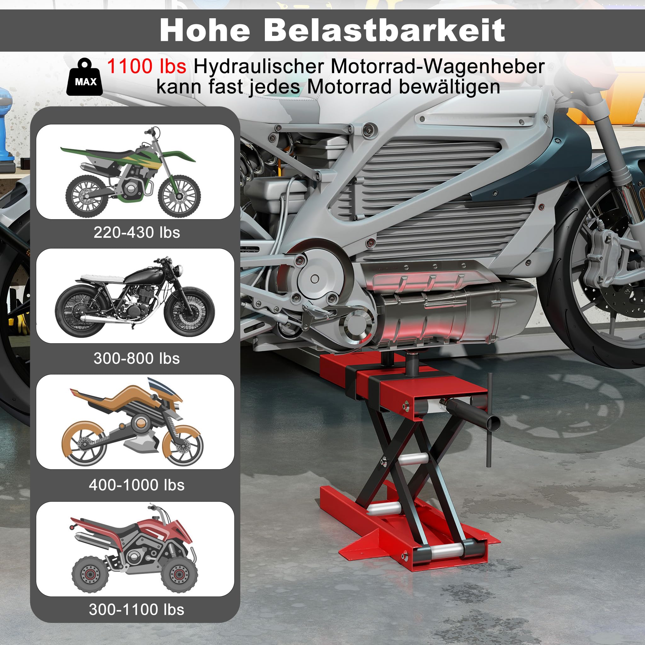 XMTECH Podnośnik do motocykli, 500 kg, podnośnik nożycowy z regulacją wysokości 95-350 mm, podnośnik motocyklowy i stojak do naprawy i konserwacji, wytrzymały i stabilny