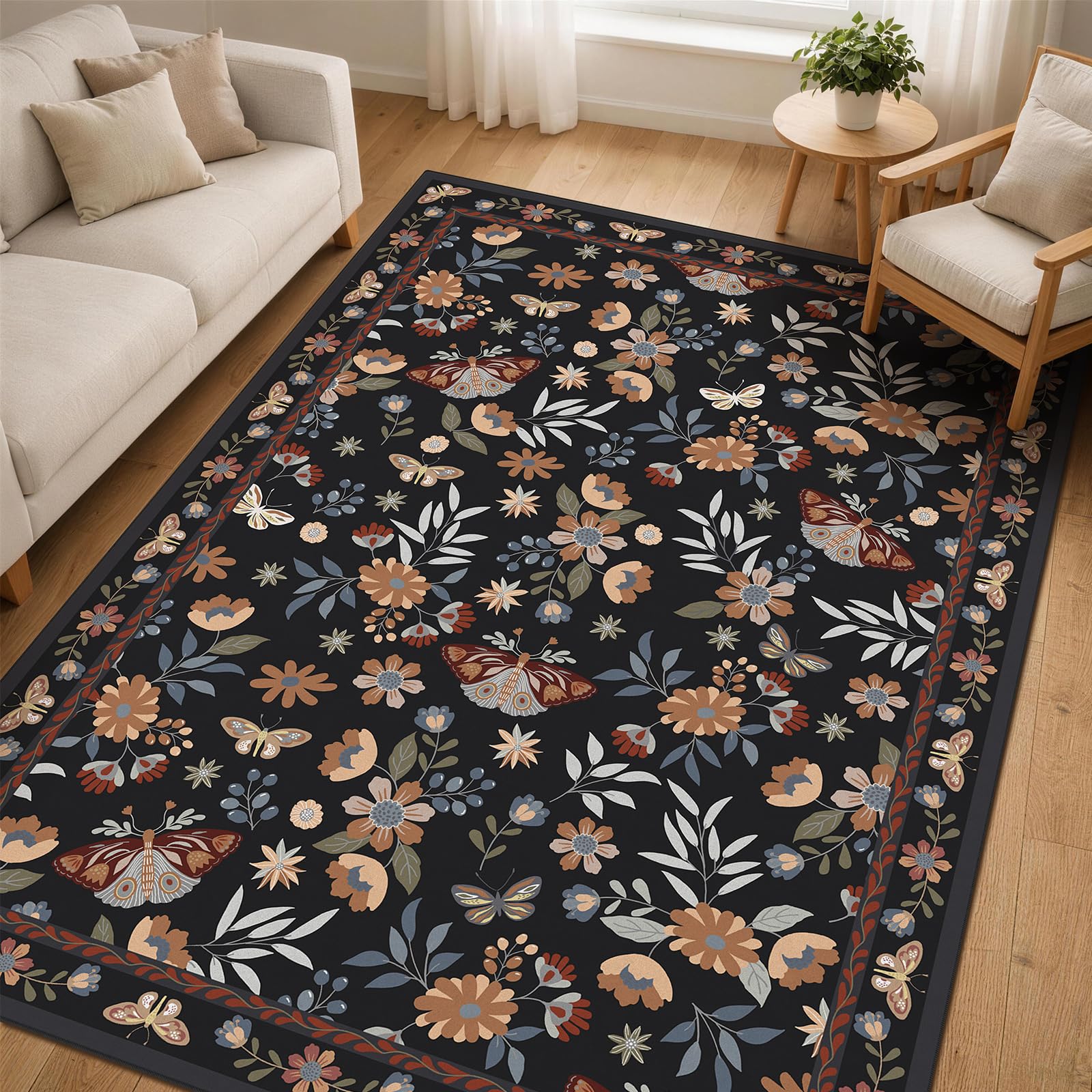 FVVRAX Black Area Rugs for Bedroom 120×170 cm, Boho Low Pile Rug for Living Room or Dining Area, Non-Slip Butterfly Floral Washable Vintage Carpet Home Decor