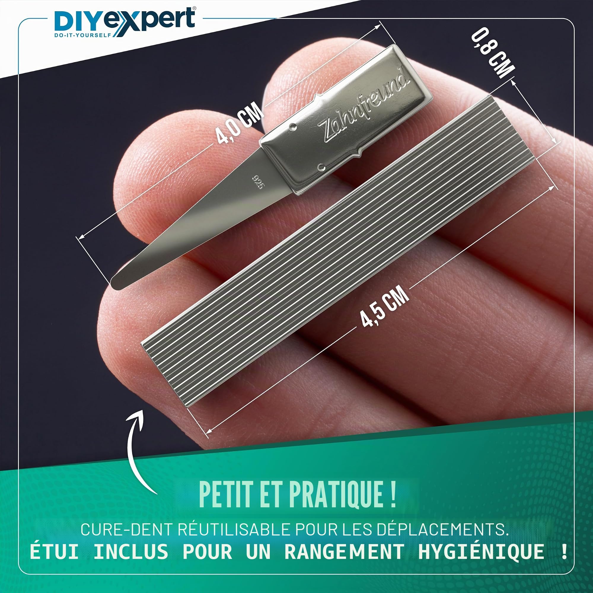 Cure-dents Home Xpert 4 cm avec feuille d'argent véritable - Poignée incluse - Longueur totale 5,5 cm - Étui