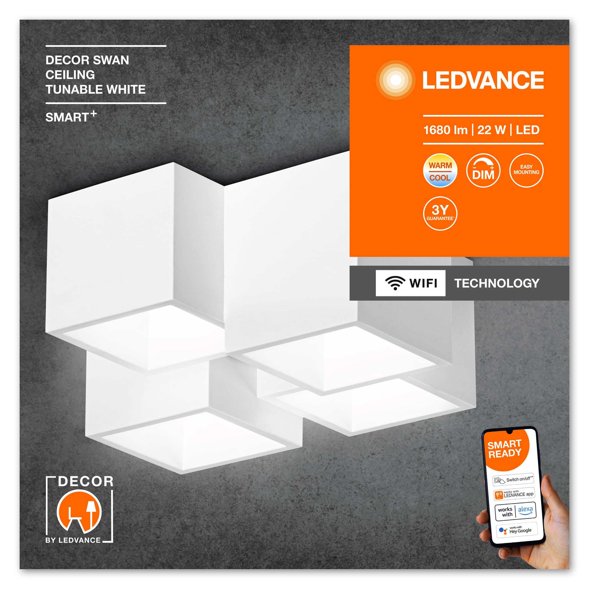 LEDVANCE SMART+ DECOR Swan plafoniera WiFi, bianca, 22W, 1680lm, luce bianca regolabile 3000-6500K, DIM, luce verso l'alto e il basso, controllabile tramite app, compatibile con Amazon, Google
