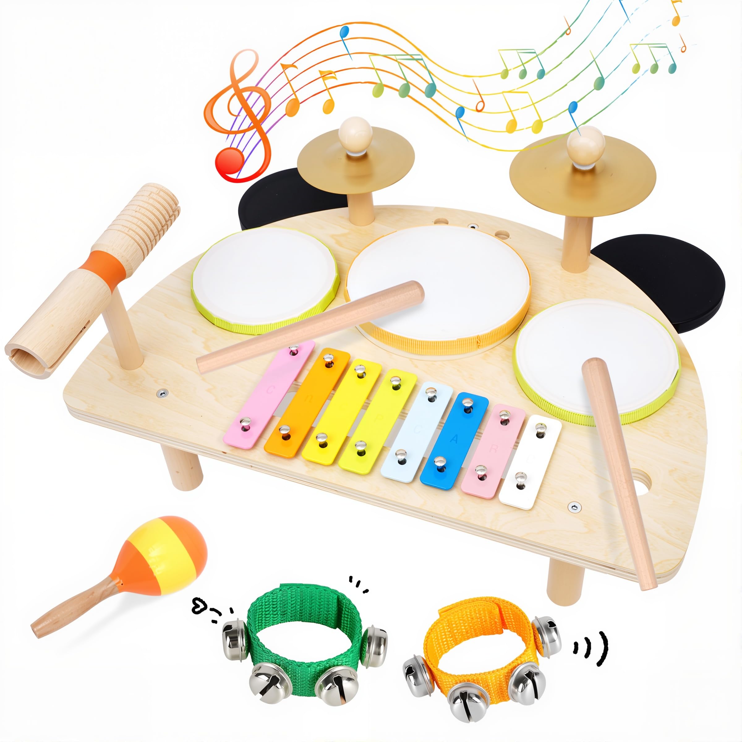 Kids Drum Set, Montessori Musical Instruments for Toddlers 1-3, Wooden Baby Musical Toys, Musical Activity Table Preschool Learning Xylophone Drum Kit, Christmas Birthday Gift for Boys Girls Ages 1-3