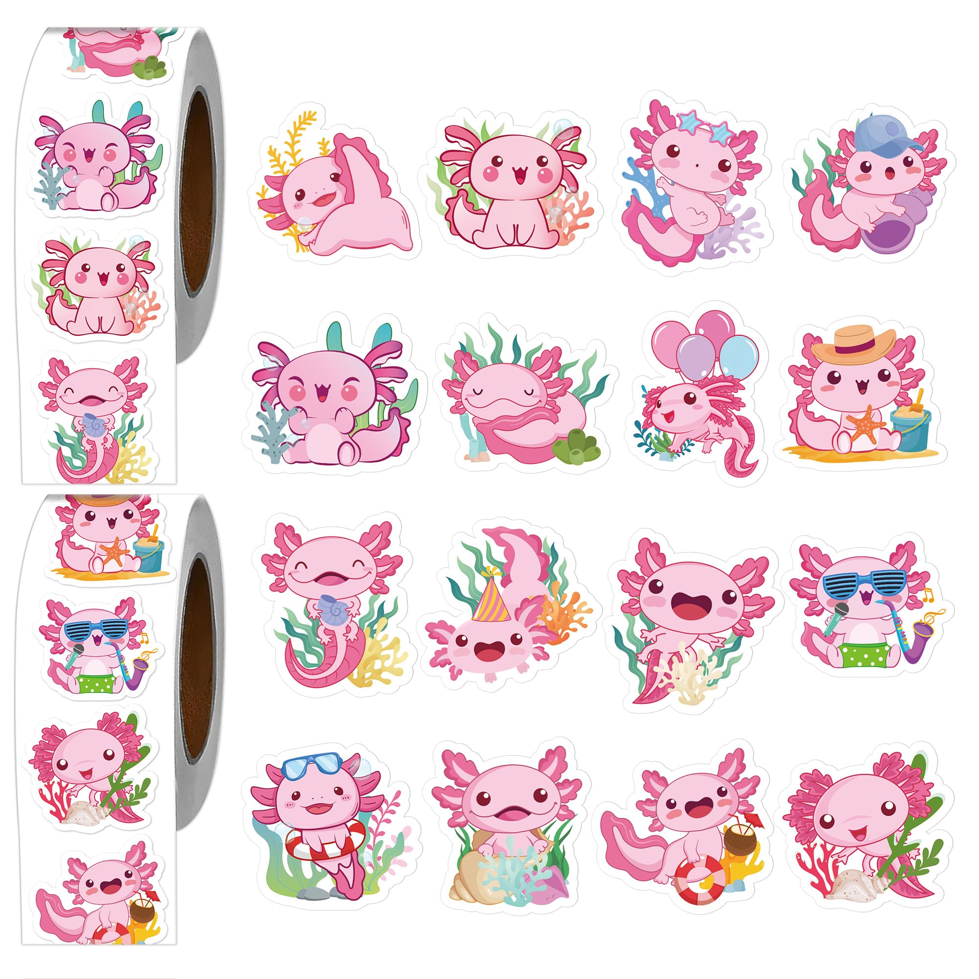 Luvsweets Pink Axolotl Stickers Roll - 1000Pcs Cute Salamander Stickers for Axolotl Lovers Birthday Party Favors Decorations Supplies, Self Adhesive
