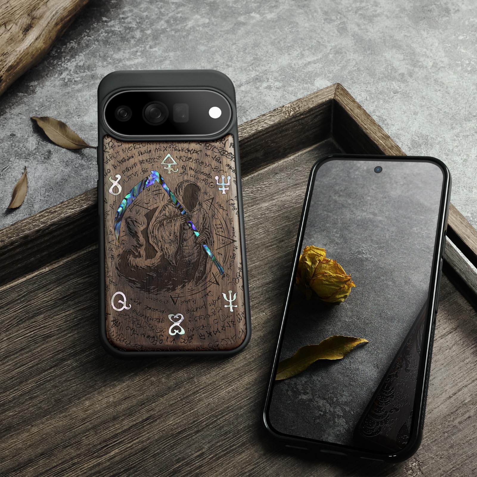 Carveit Madera Funda para Pixel 11 Pro XL (Nogal-Parca) | Compatible con MagSafe [Grabado en madera e incrustación de mejillones] Magnética Cover para Google Pixel 11 Pro XL Carcasa