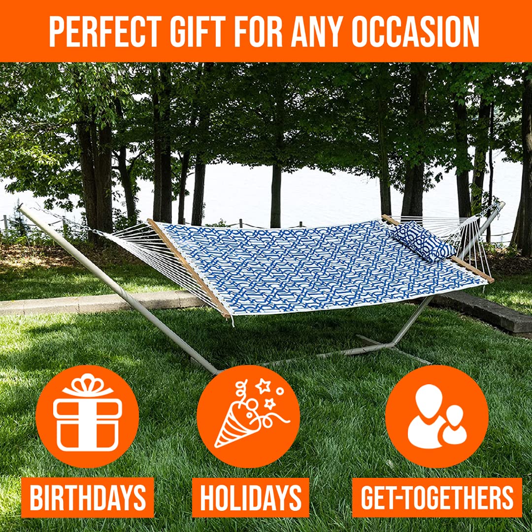 Castaway Living 2 Person Quilted Hammock with Patented KD Space Saving Stand & Detachable Pillow, Designed in The USA, Compact Heavy Duty Construction, Perfect for Any Backyard Space - Navy