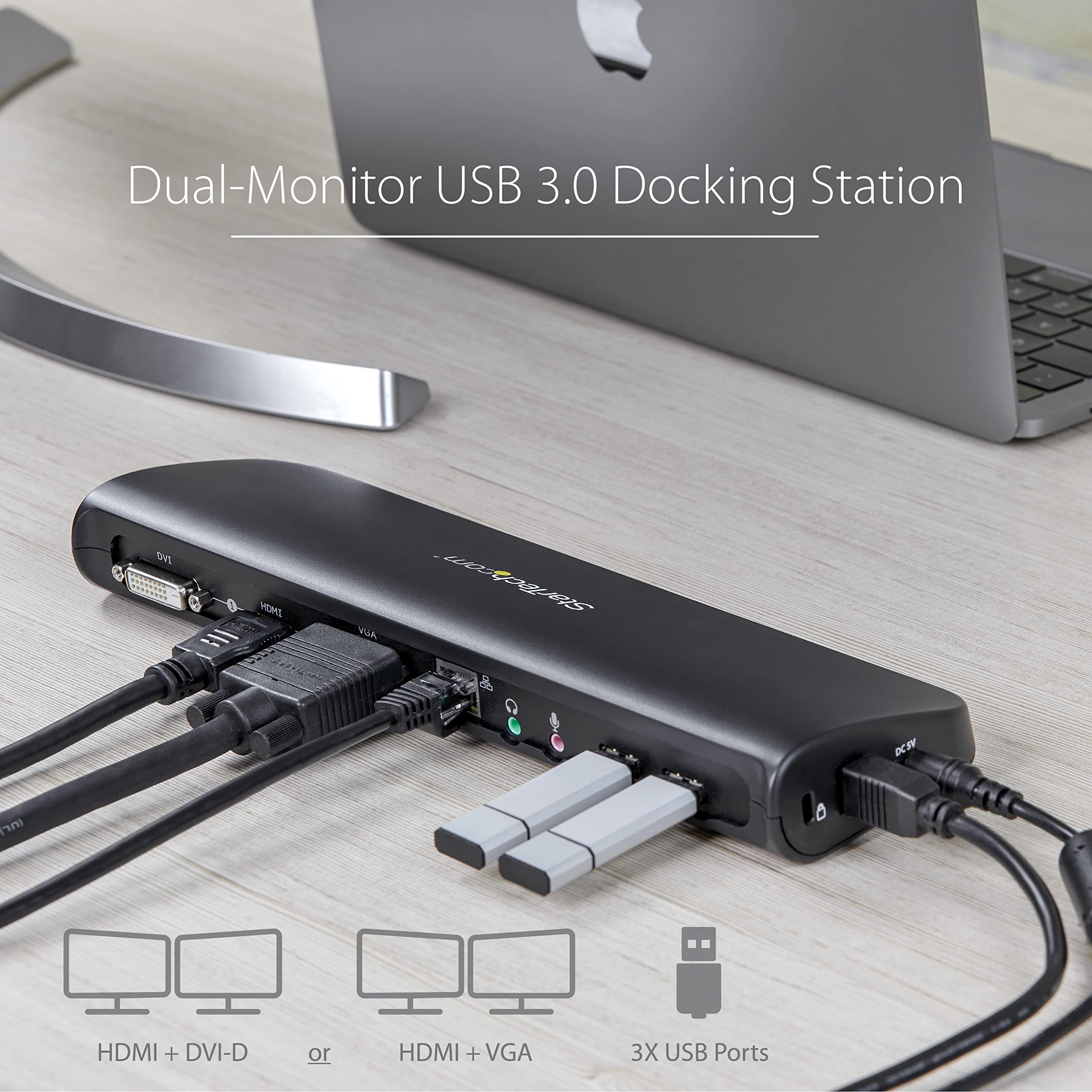 StarTech.com Docking station USB 3.0 con HDMI e DVI/VGA - Doppio monitor - Dock universale per laptop - Compatibile con Mac e Windows (USB3SDOCKHDV), nero