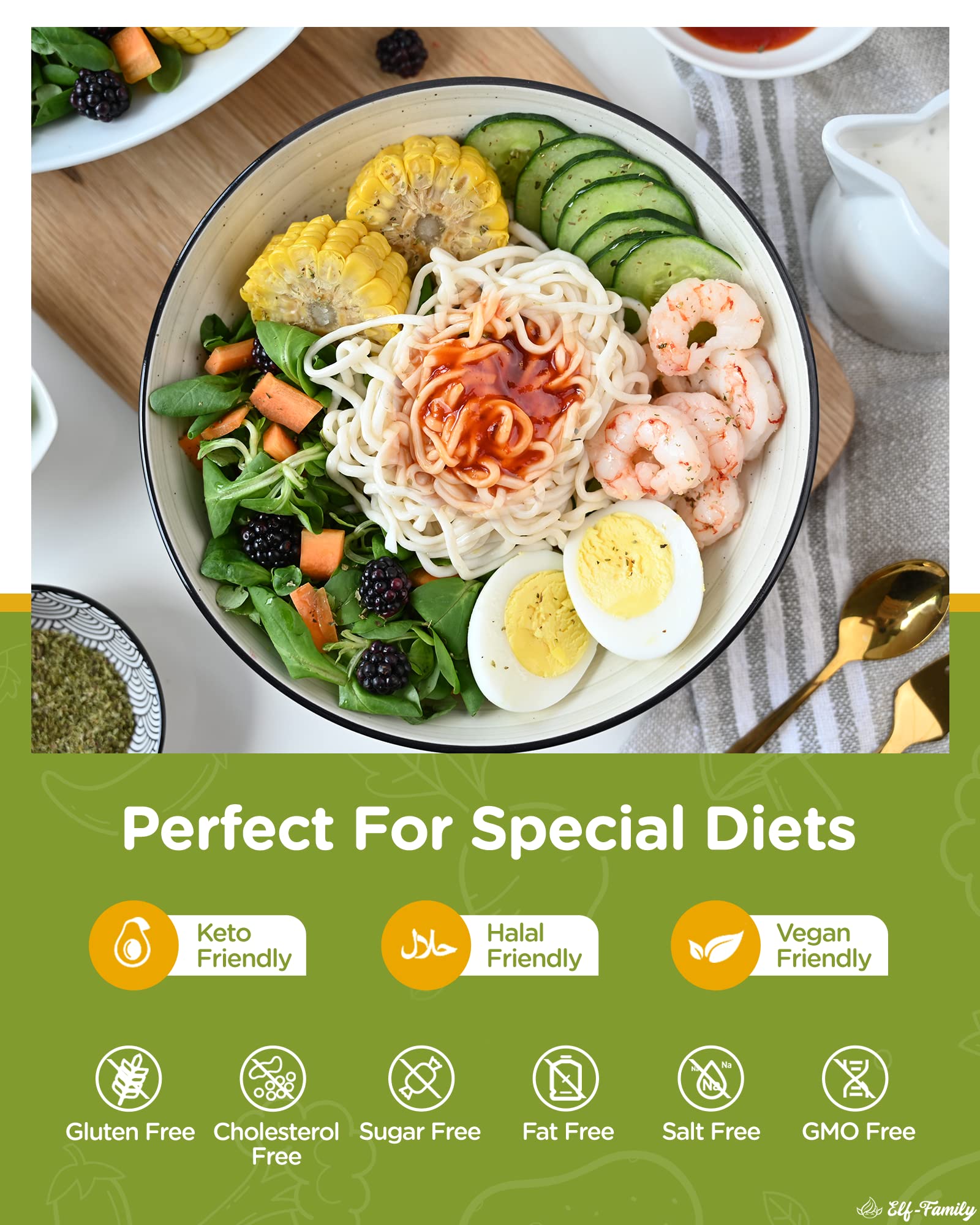 Elf-family [Nuevo] Pasta Konjac Keto de Tailandia Bajo en calorías/Bajo en carbohidratos/Vegano/Sin gluten Fideos Konjac Noodles Shirataki Oat Fibre/Sin azúcar - Spaghetti, 240g x 6 cajas(12 paquetes)