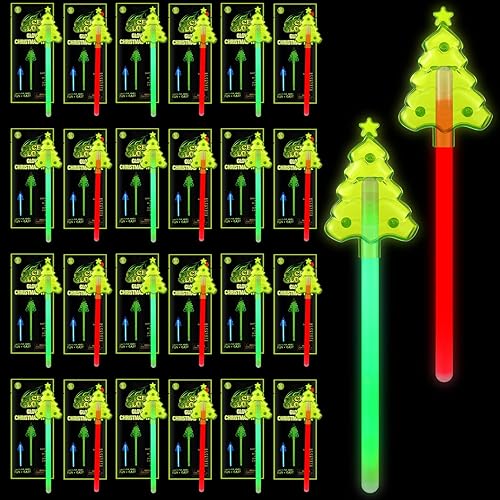 Libima Juego de 24 varillas brillantes para árbol de Navidad, juego de palos de luz verde y roja que brillan en la oscuridad, varitas de Navidad