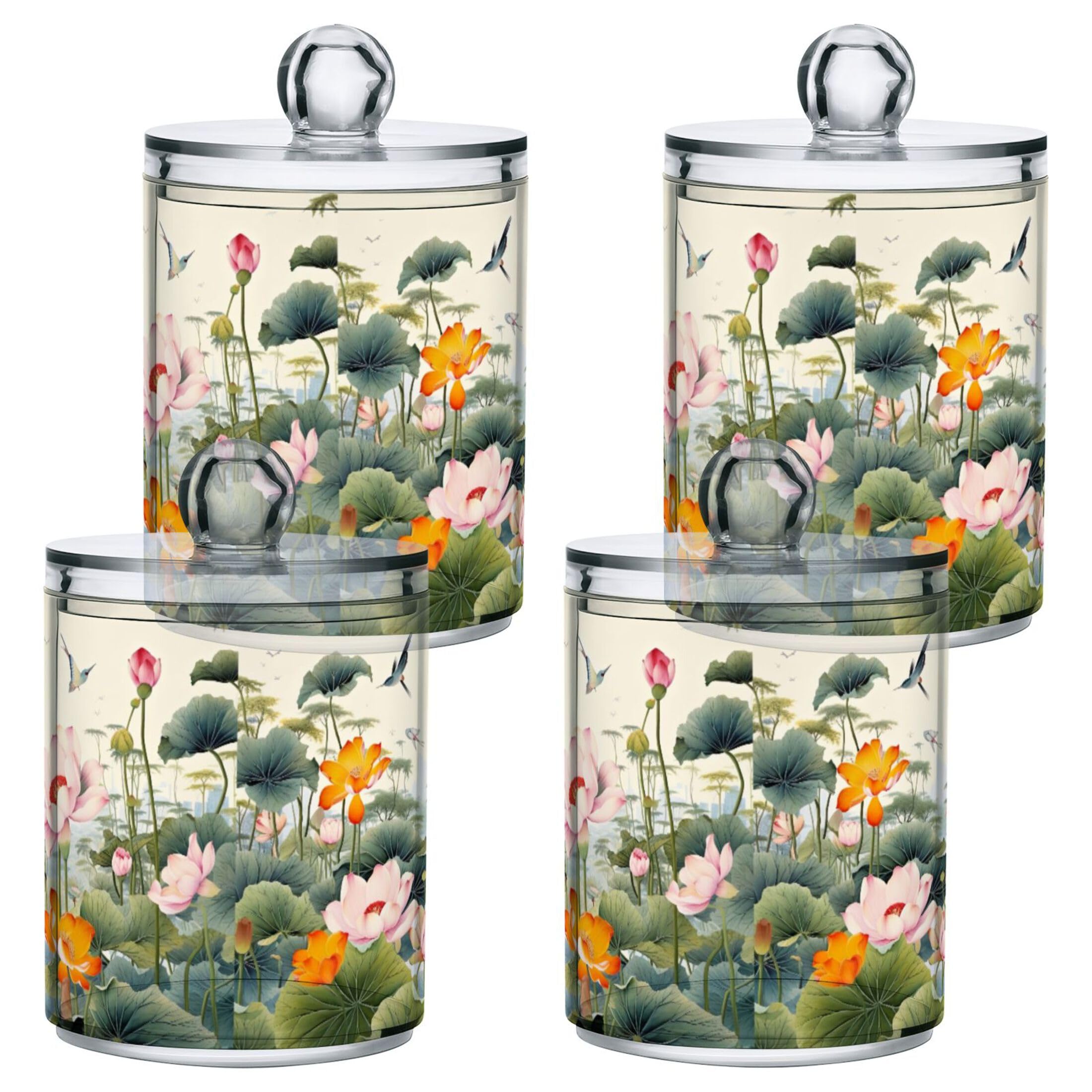 Kigai Lotus Pond Flowers Qtip Holder Dispenser 4 Pack Plastic Apothecary Jar Storage Organization Bathroom Vanity Makeup Storage Organization for