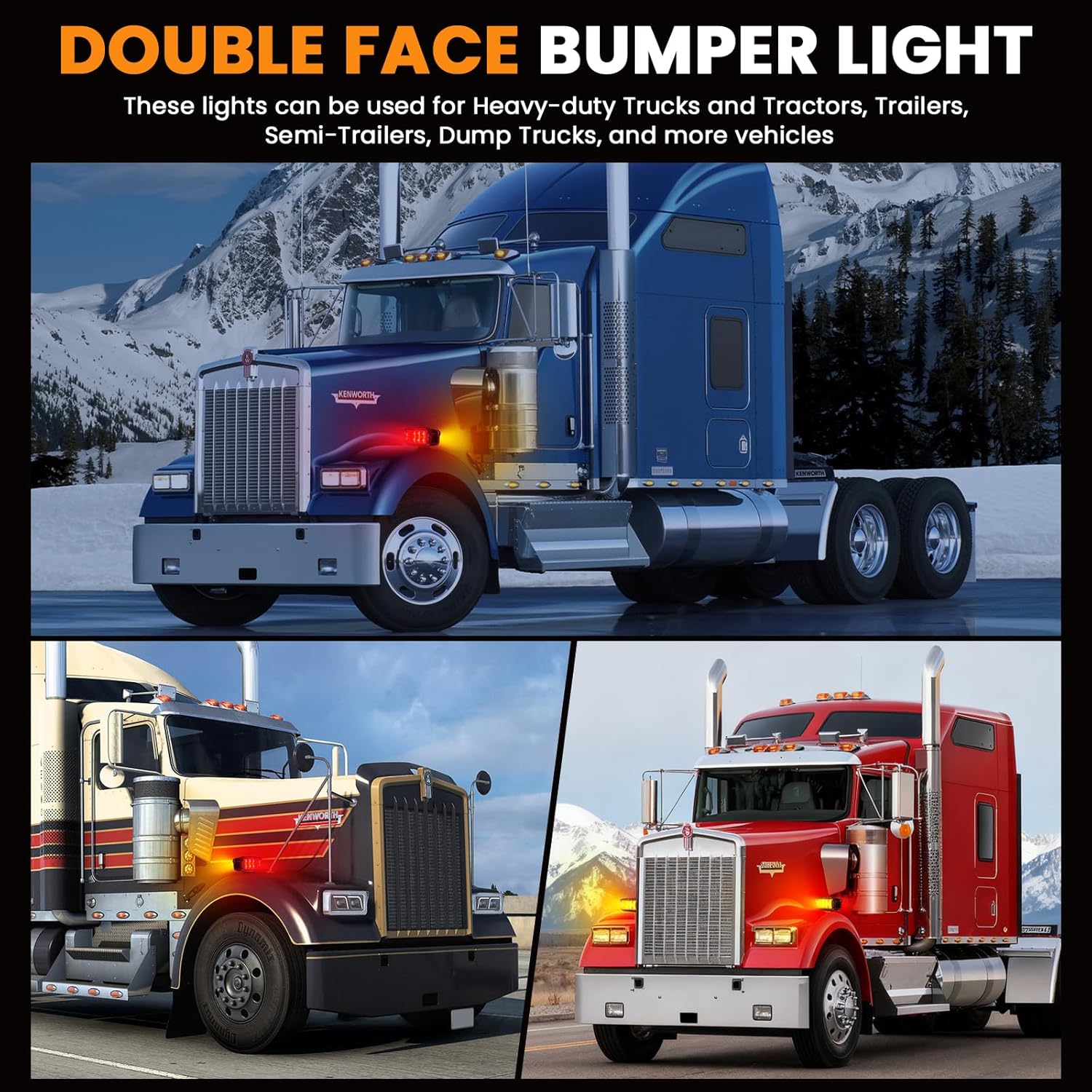 2PCS Dual Revolution Amber/Red Pedestal Fender Lights, 12 LED Semi Truck Turn Signal Marker Strobe Lights, Double Face Bumper Lights for Freightliner Peterbilt Kenworth Mack Western Star