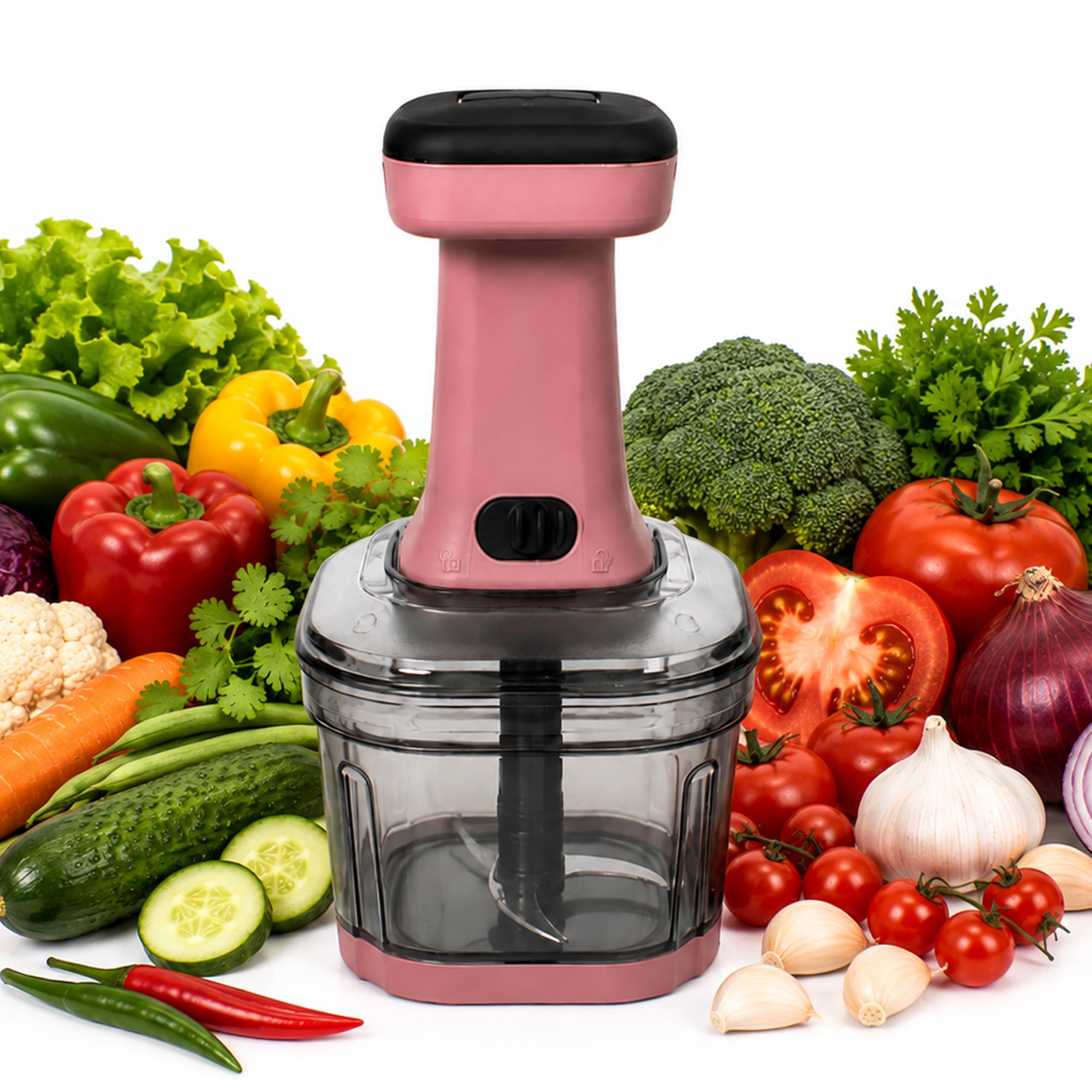 tekcool food chopper 800ml, 4 blade steel large manual hand-press vegetable chopper mixer cutter to cut onion, salad, tomato, potato (dusty blush)