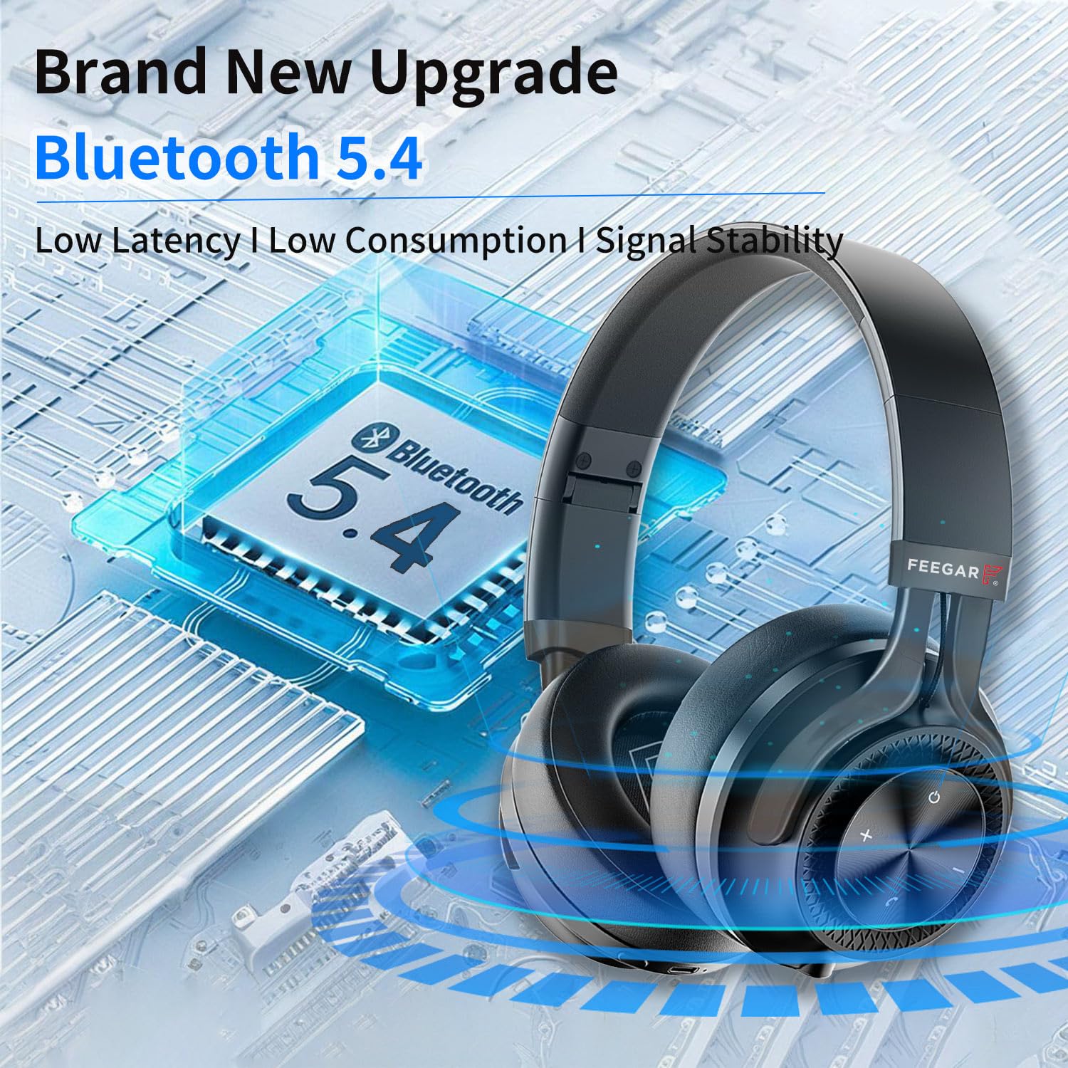 Feegar Bluetooth-Kopfhörer über Ohr, 65 Stunden Spielzeit und ANC, BT 5.4 kabellose Kopfhörer mit Mikrofon, HiFi-Stereo, faltbares leichtes Headset, tiefer Bass für Zuhause, Büro, Handy, PC (Schwarz)