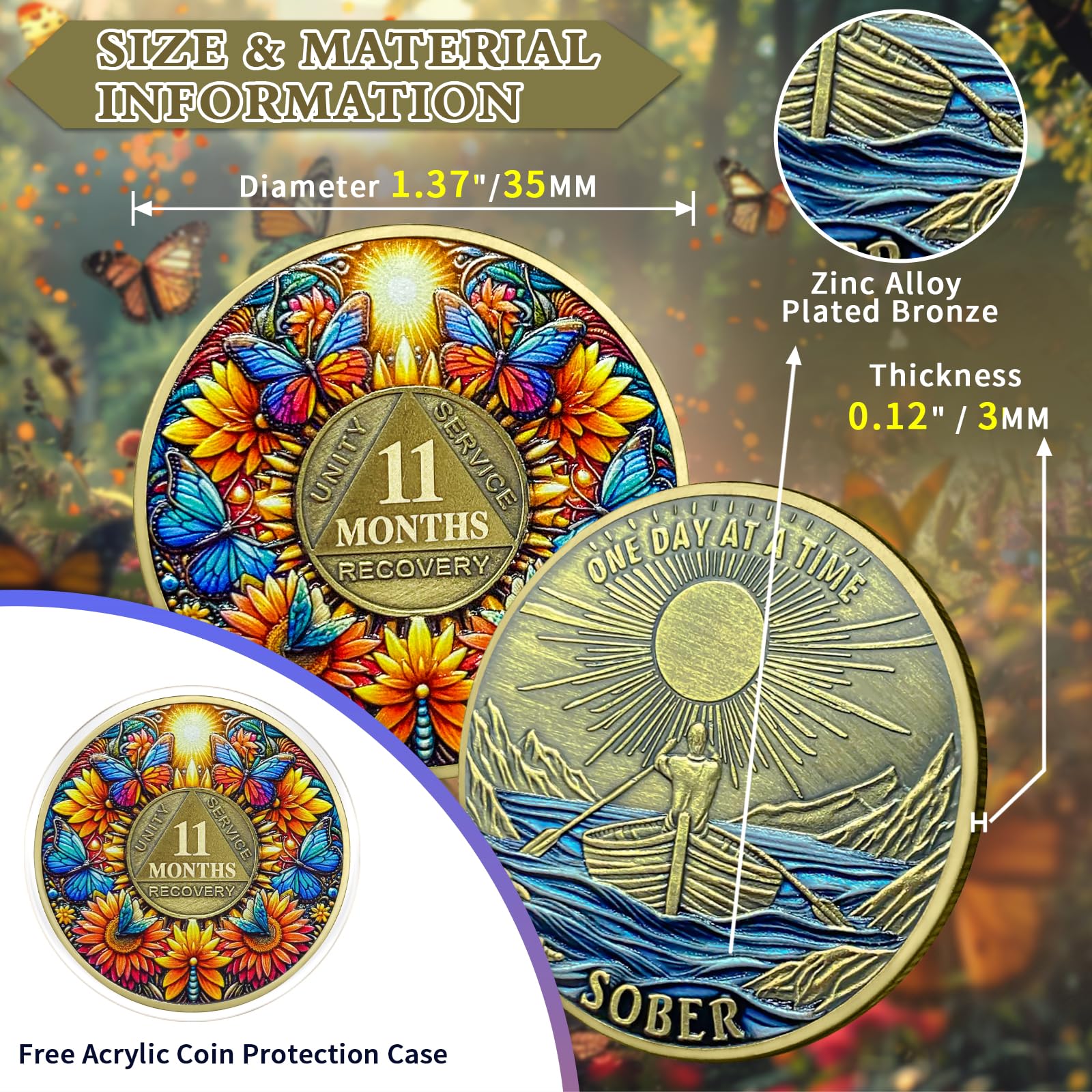Pièce de sobriété de 11 mois de 11 mois, fleur de sobriété, jetons AA et médaillon, jeton de soleil, jeton d'anniversaire de convalescence, cadeau de sobriété pour homme et femme, alcooliques anonymes