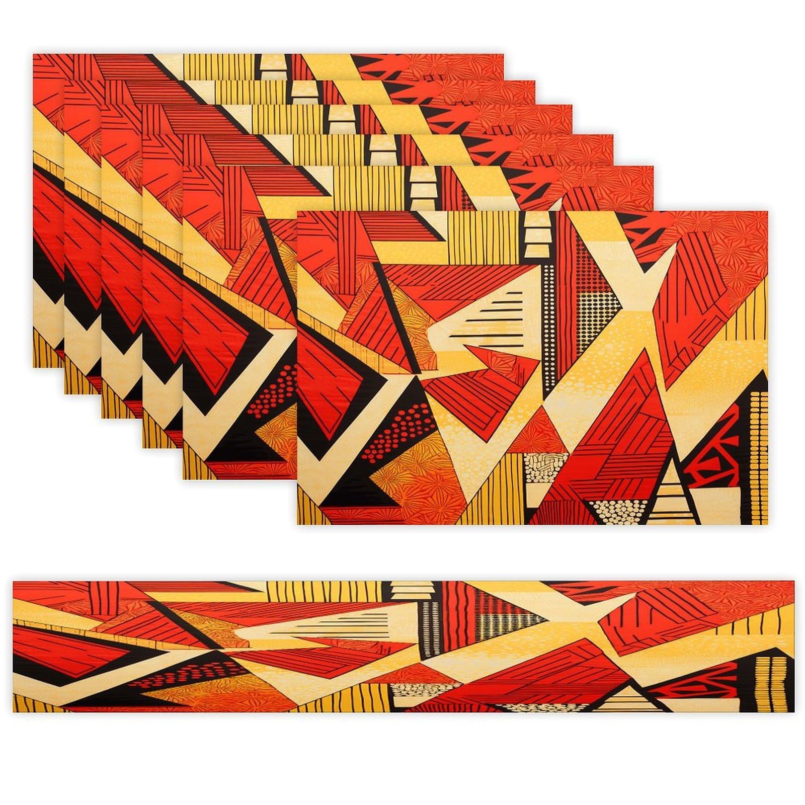 African Style Prints Table Runner and Placemats Set of 6 Wipe Clean Heat Resistant Table Mat with Table Runner Decorations Flax Linen Place Mat Set for Home Kitchen Party Supplies