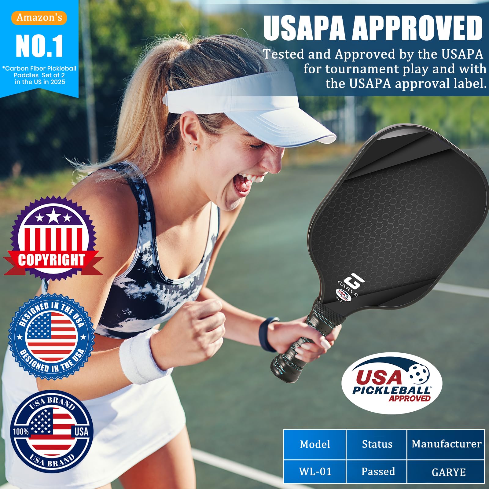 GARYE Juego de 2 palas de pickleball, juego de pickleball de fibra de carbono aprobadas por USAPA, raquetas ligeras de pepinillo, paquete de 2 con 6 bolas, 1 bolsa, par de cintas de agarre, pala de