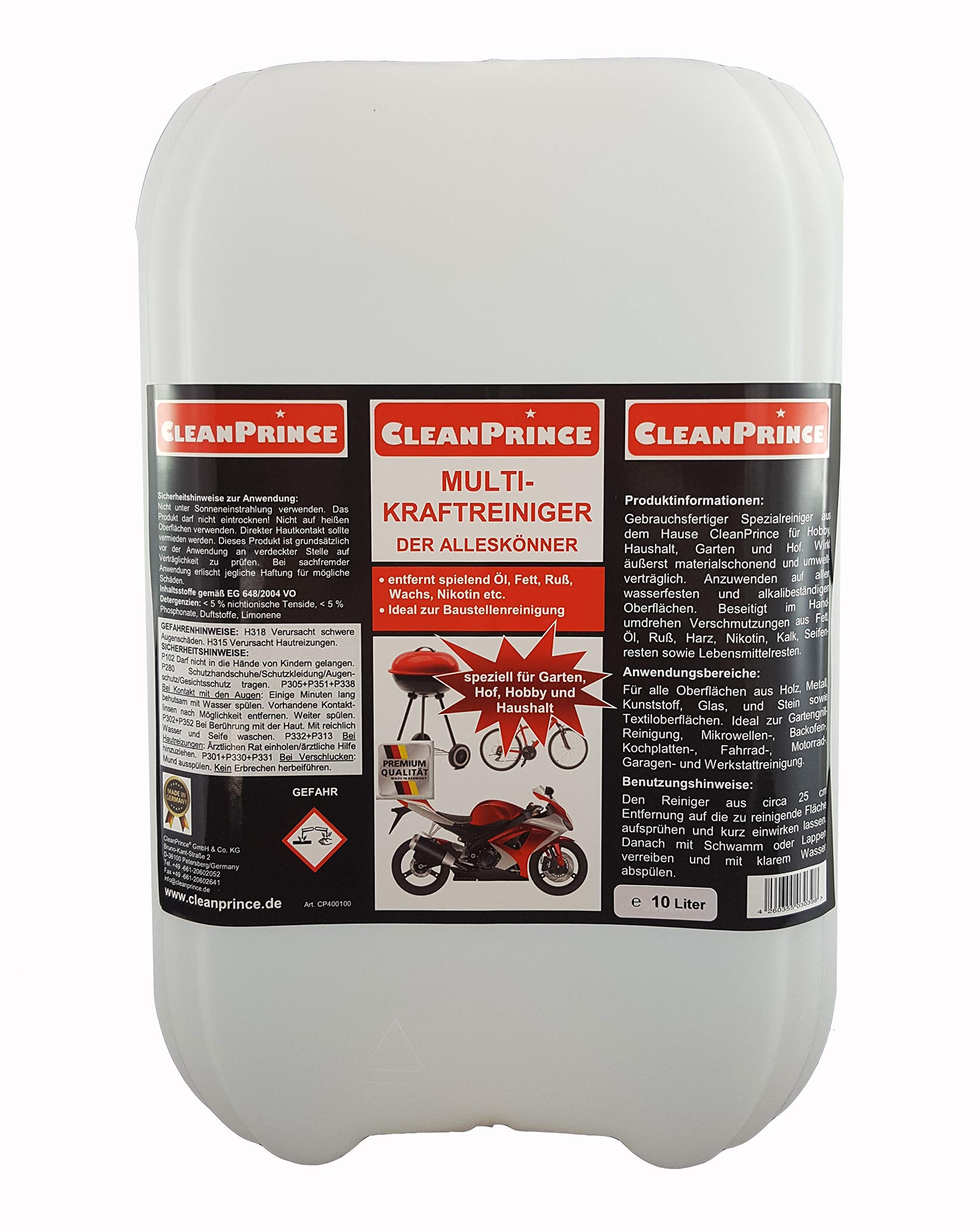 CleanPrince 10 Liter Multi Kraftreiniger | Motorradreiniger Intensivreiniger Fett Öl Schmutz Fahrrad Werkstattreiniger