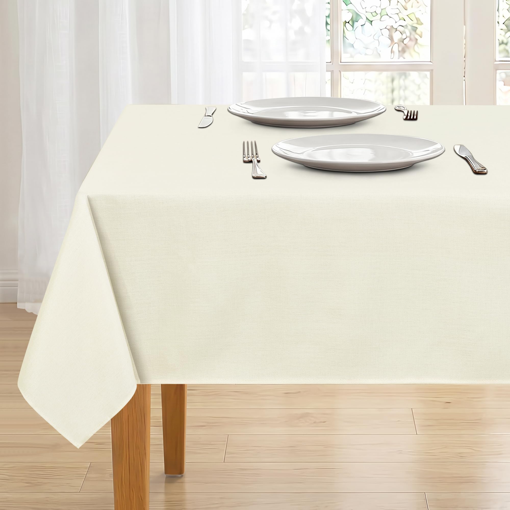 DWCN Champagne Faux Linen Table Cloth 140x240cm(55x95in) Water Resistant Rectangular Tablecloth Wipe Clean Stain-Resistant Polyester Table Cover for Dining Room, Garden, Cafe, Party