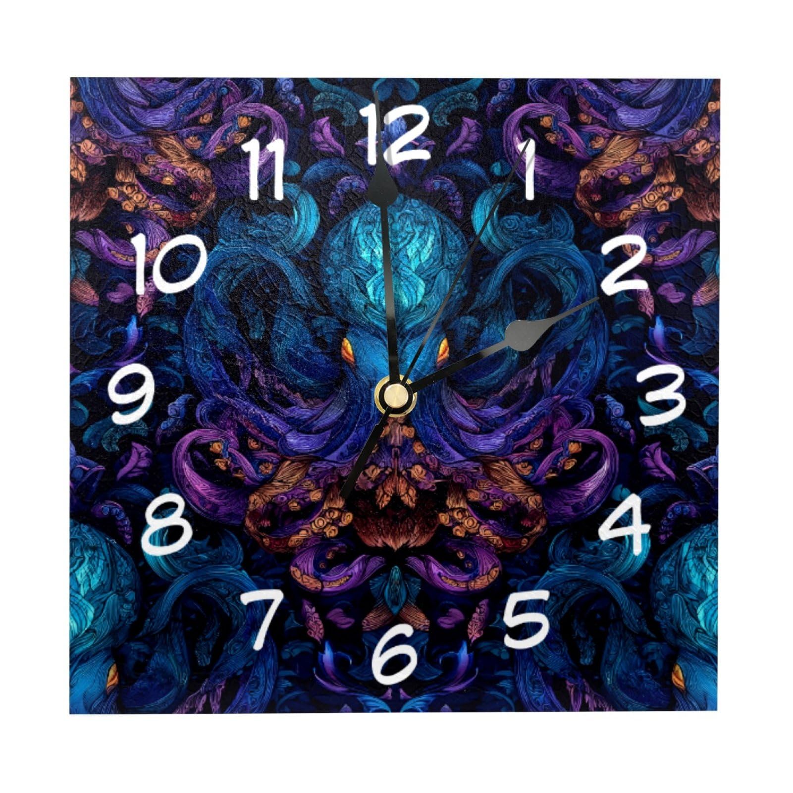 etoenbrc 8 Inch Square Wall Clock Silent Non-Ticking Octopus Fancy Clock Battery Operated, Wooden Clock Decorative for Kitchen, Living Room Bedroom Office